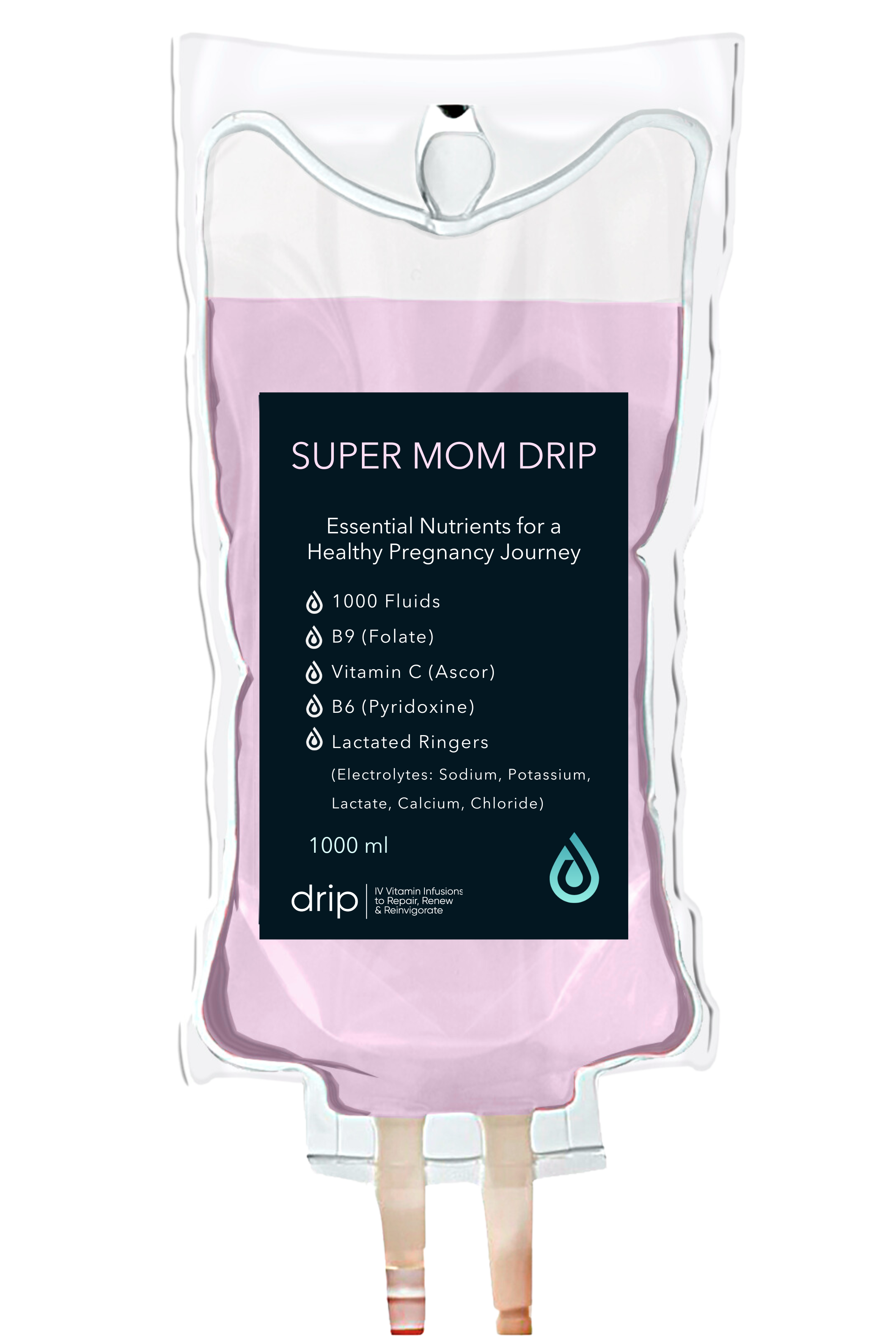 A medical IV drip bag labeled 'Super Mom Drip' containing fluids and essential nutrients for pregnancy, including vitamins and electrolytes, with attached tubing.