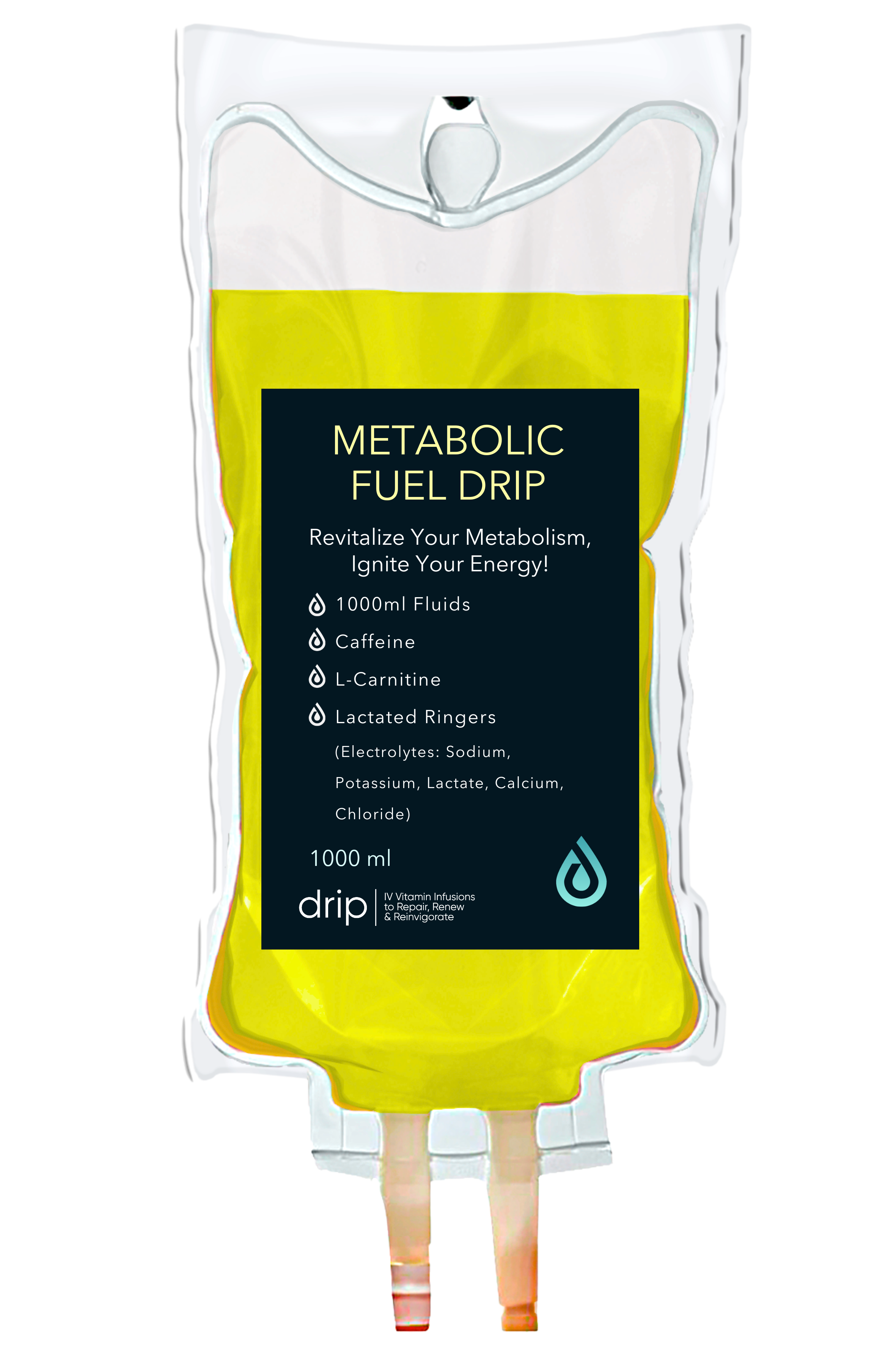 A yellow and black packet of metabolic fuel drip with a label indicating it contains fluids, caffeine, L-Carnitine, and electrolytes, used for vitamin infusions.