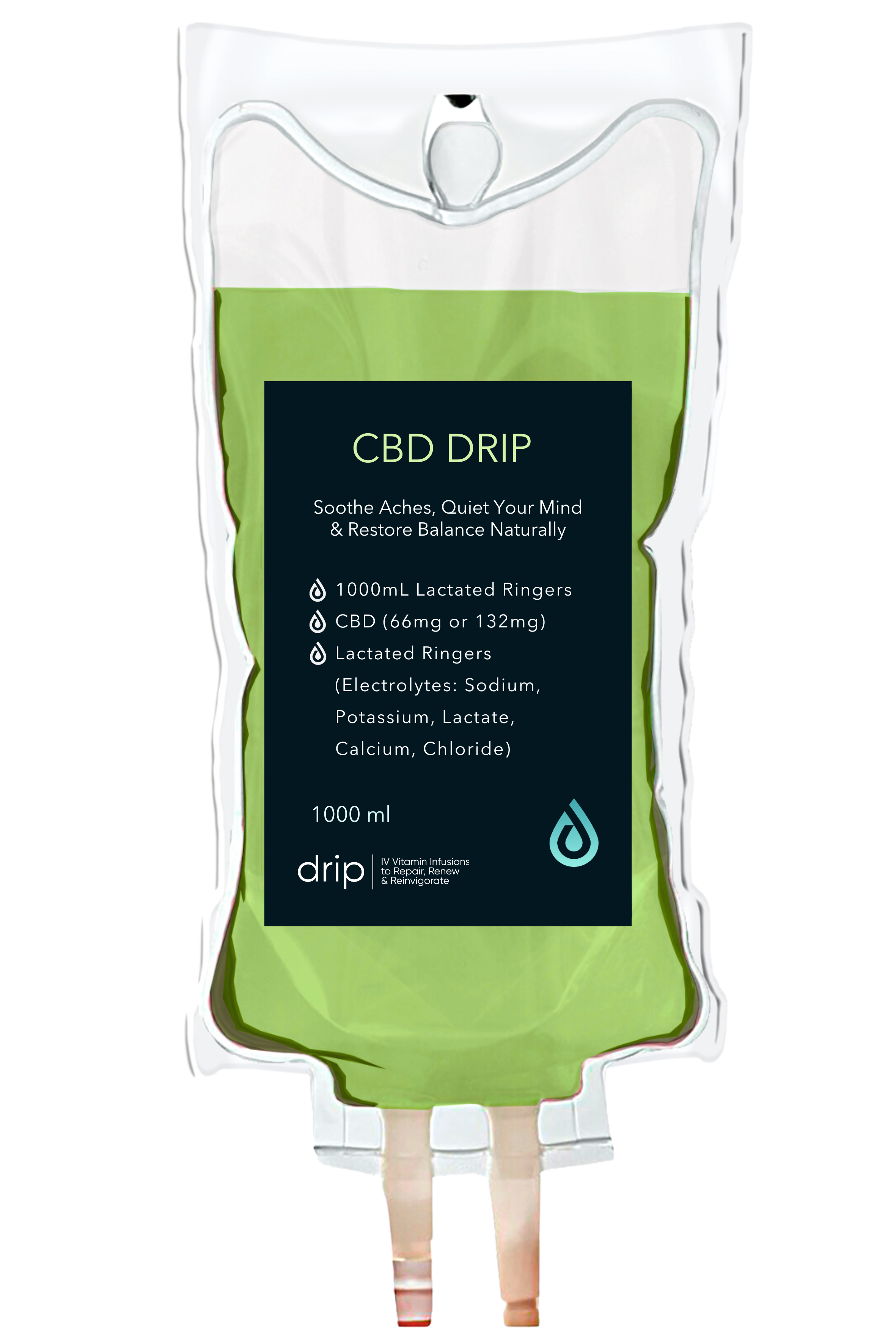 An IV drip bag filled with green liquid labeled as CBD Drip, with information about its ingredients and benefits.
