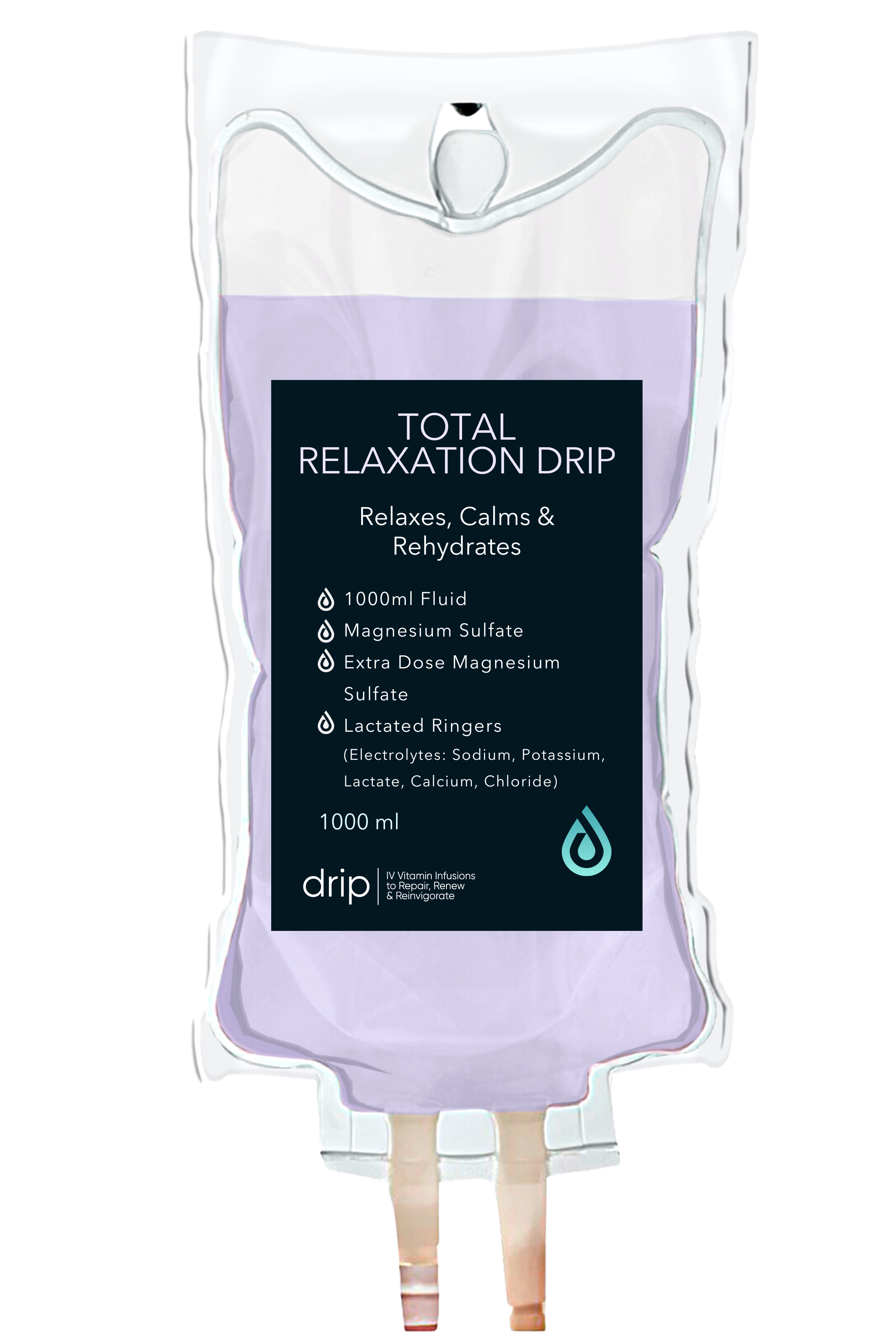 A clear plastic IV drip bag filled with a purple liquid, labeled 'Total Relaxation Drip.' The label mentions it relaxes, calms, and rehydrates, with ingredients like magnesium sulfate, extra dose magnesium sulfate, lactated rings, and electrolytes including sodium, potassium, lactate, calcium, and chloride. The bag holds 1000ml of fluid.