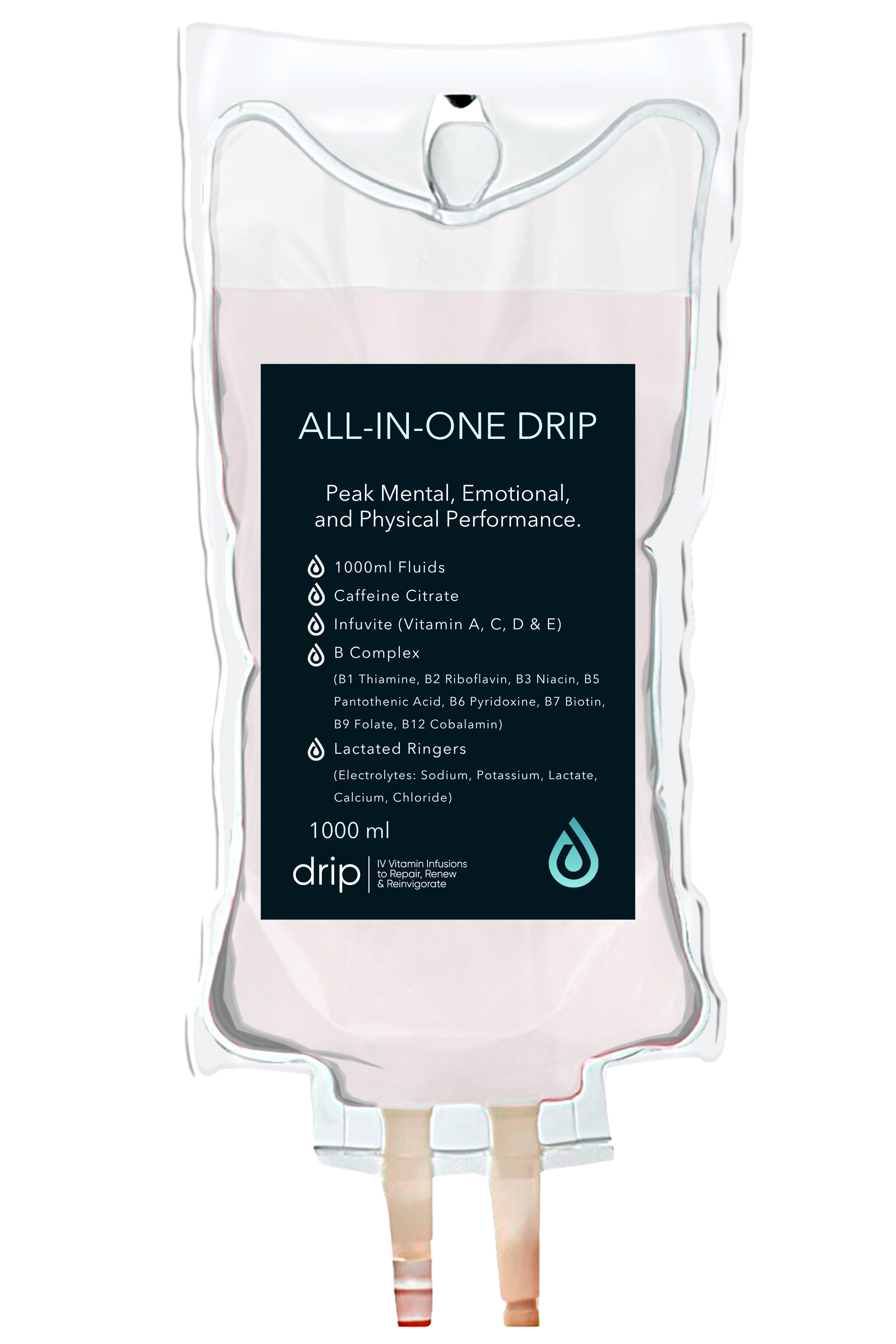 A medical IV fluid bag labeled 'All-in-One Drip' containing 1000 milliliters of fluids with ingredients like caffeine citrate, vitamin infusions, B complex, lactated ringers, and electrolytes, connected to a tube for infusion.
