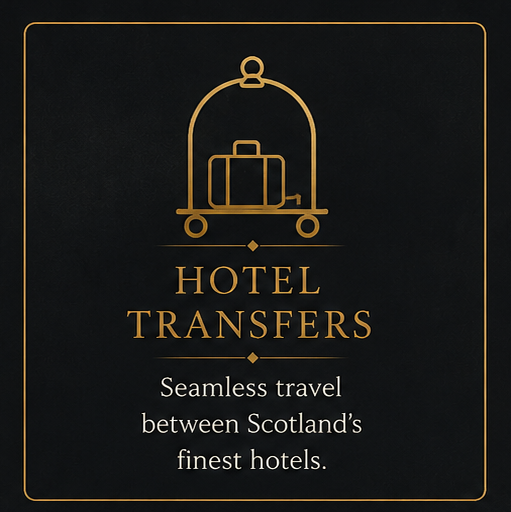 Black background with gold text and icons, advertising hotel transfer services with a luggage icon and message about seamless travel between Scotland's hotels.