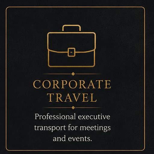 Gold outline of a briefcase with the words "Corporate Travel" and the phrase "Professional executive transport for meetings and events" on a black background.