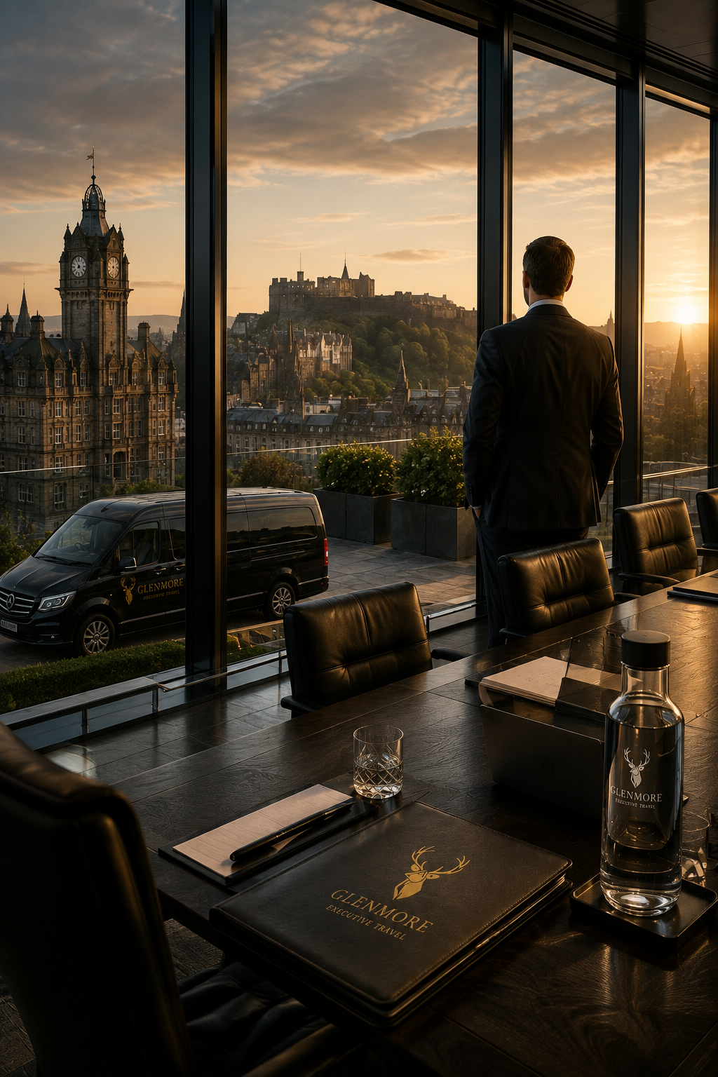 A man in a suit stands by a large glass window overlooking a cityscape with historic buildings and a castle during sunset. Inside a conference room with a wooden table, black chairs, a water bottle, a glass, and a Glenmore Executive Travel folder are visible.
