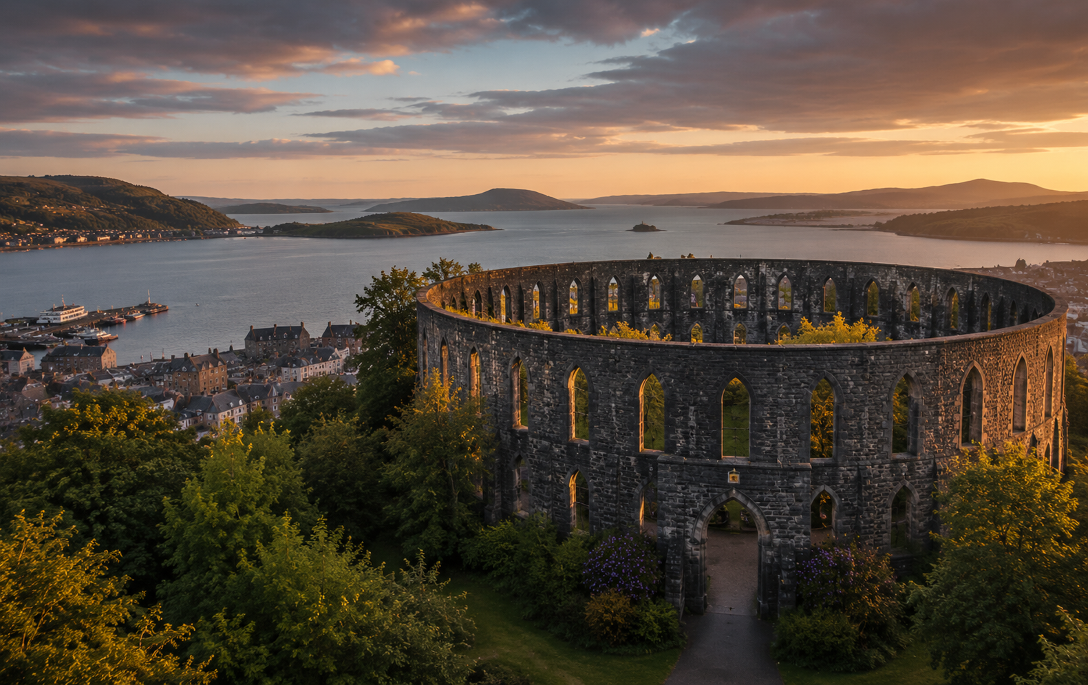 Sunset over a historic stone aqueduct structure overlooking a coastal town with boats, water, and distant hills.