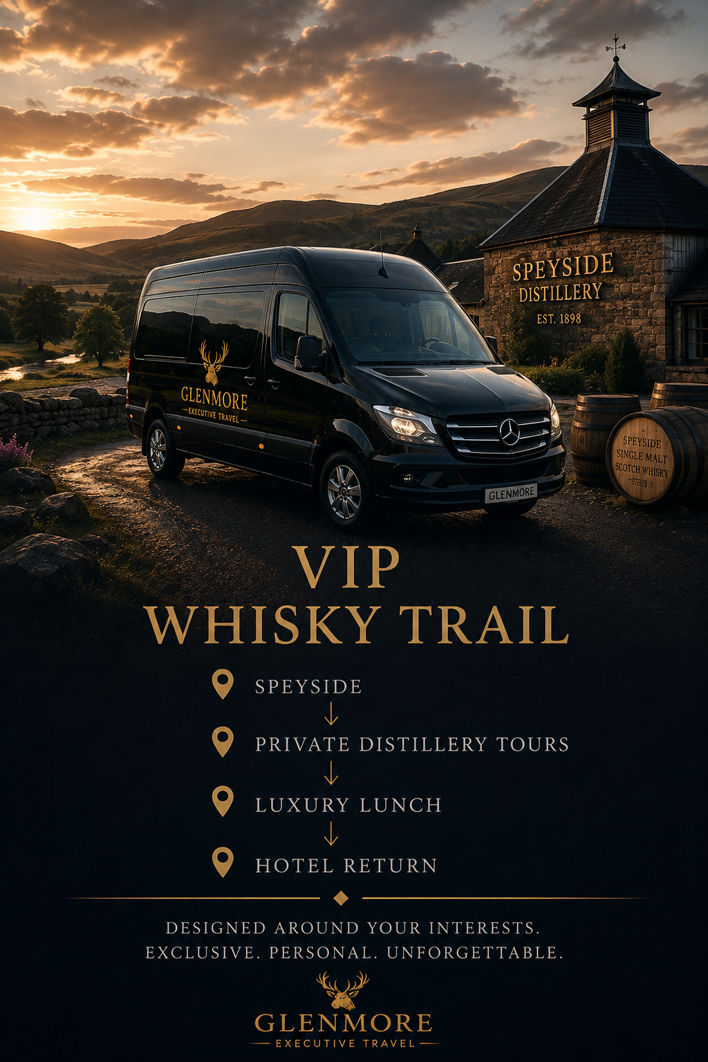 A promotional poster for the VIP Whisky Trail featuring a black van with the Glenmore logo parked near Speyside Distillery, with a sunset sky and Scottish landscape in the background.