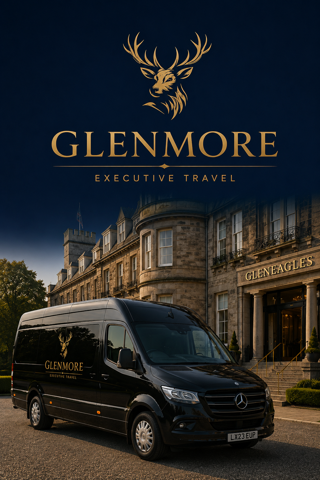 Black Mercedes-Benz van with Glenmore Executive Travel logo parked in front of a grand stone hotel with a sign that reads 'Glenagles'.