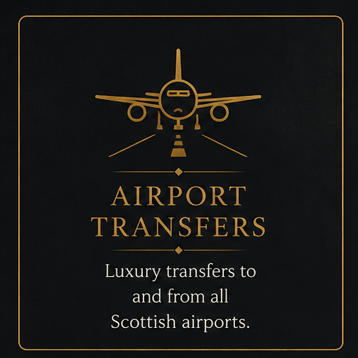 Gold line drawing of an airplane on a runway with the text 'Airport Transfers' and 'Luxury transfers to and from all Scottish airports' on a black background.