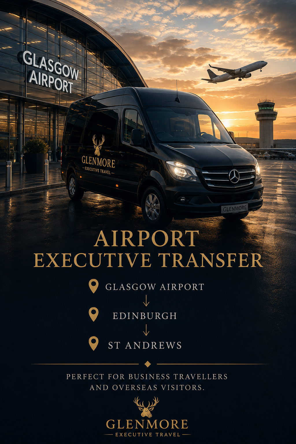 A black Mercedes-Benz van with Glenmore Executive Travel logo parked in front of Glasgow Airport terminal at sunset with airplane in the sky.
