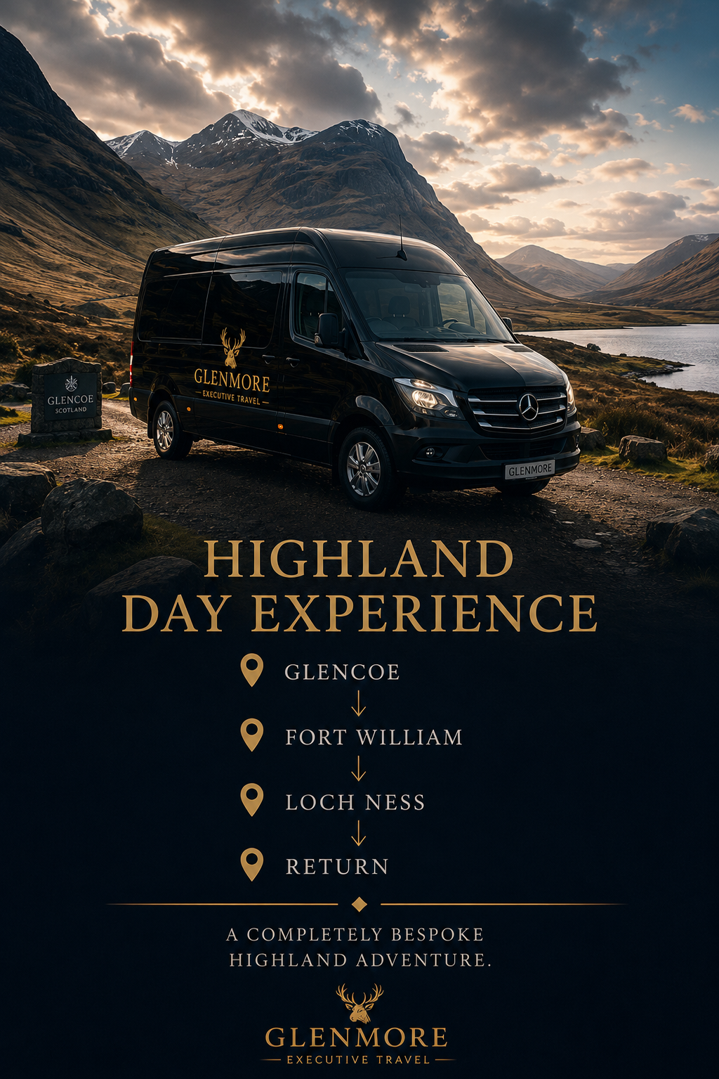 A black van with Glenmore branding parked in a scenic Highland landscape with mountains, a lake, and cloudy sky, promoting a Highland day trip itinerary.