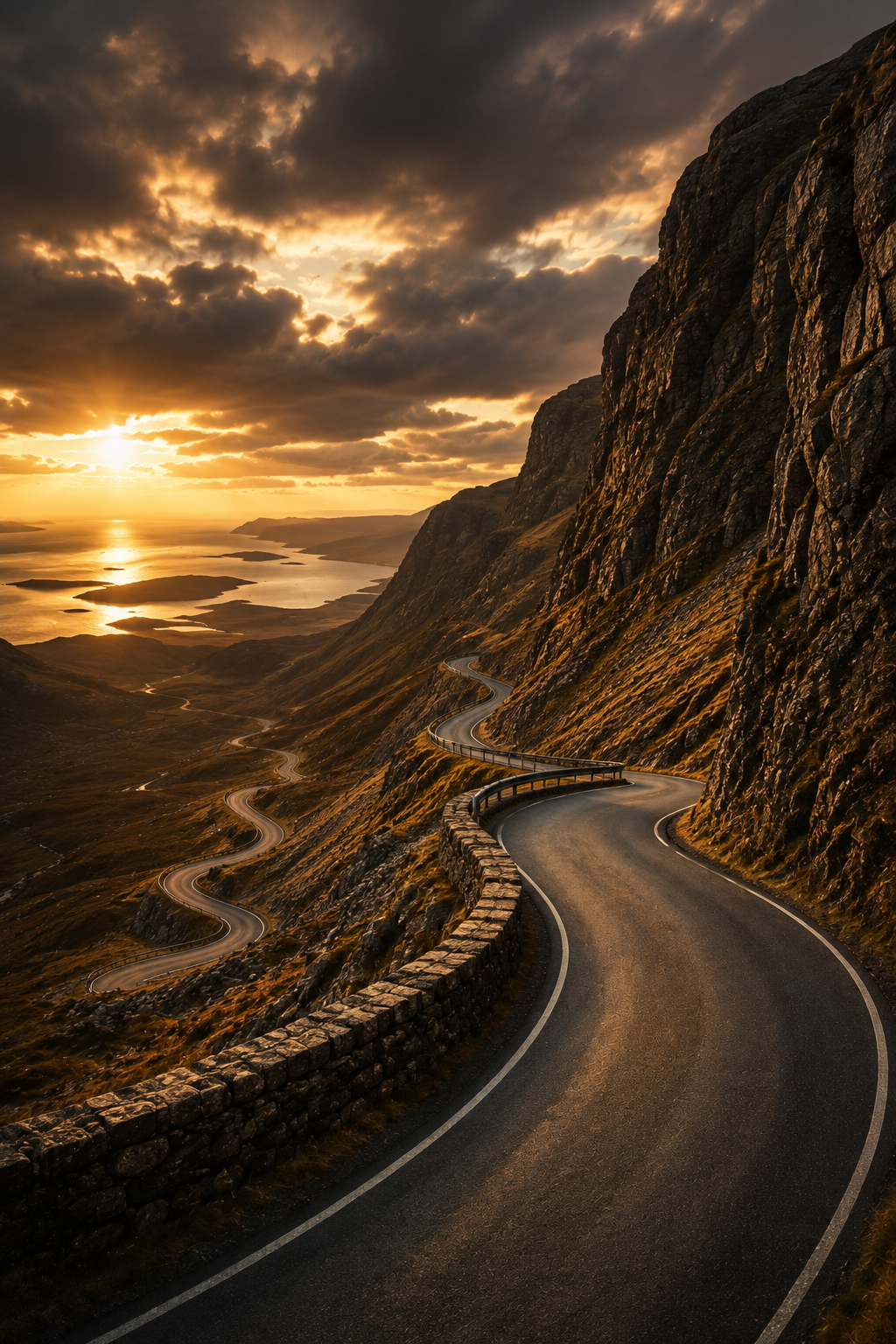 A winding mountain road at sunset with rugged cliffs on one side and a landscape with lakes and hills in the distance under a dramatic sky with clouds.