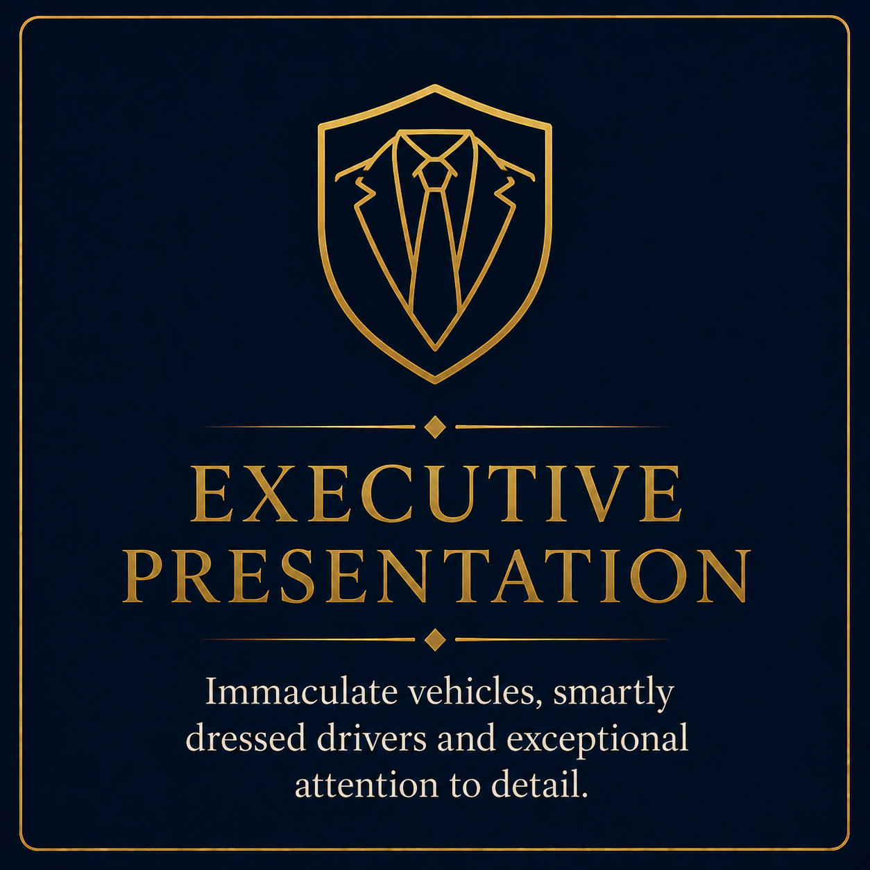 Gold outline of a suit and tie inside a shield emblem, with the text 'Executive Presentation' underneath and the subtitle 'Immaculate vehicles, smartly dressed drivers and exceptional attention to detail'.