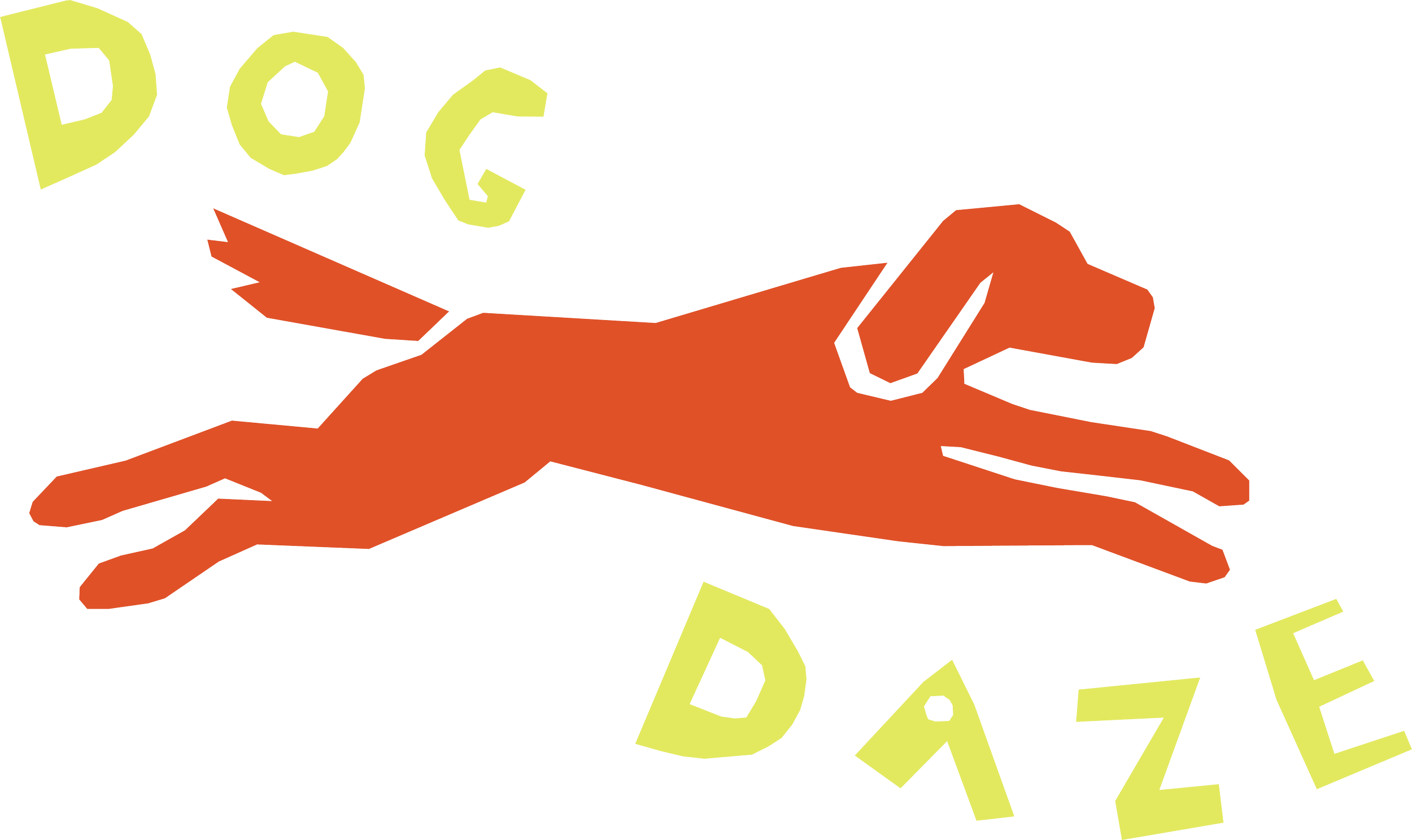 Tomato red silhouette logo illustration of a leaping dog with playful hand-cut typography spelling “Dog Daze” in lime green.