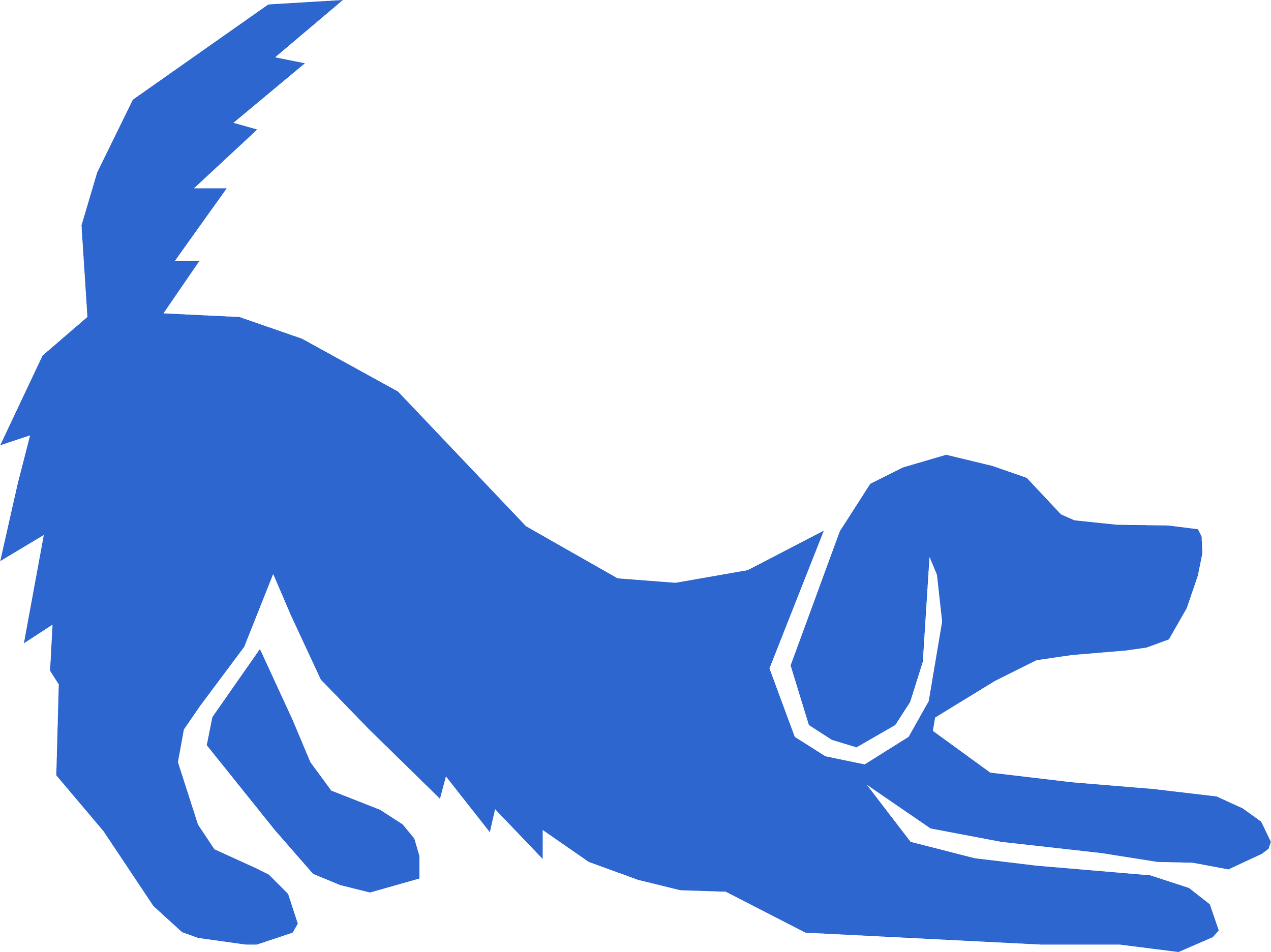Matisse blue silhouette illustration of a dog in a playful bow pose done in a bold cut-paper style.