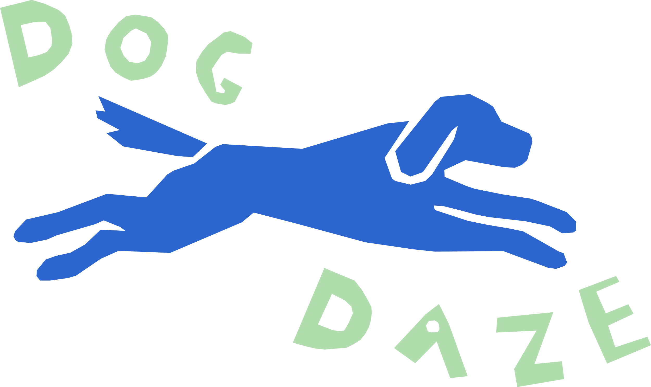 Matisse blue silhouette logo illustration of a leaping dog with playful hand-cut typography spelling “Dog Daze” in mint green.
