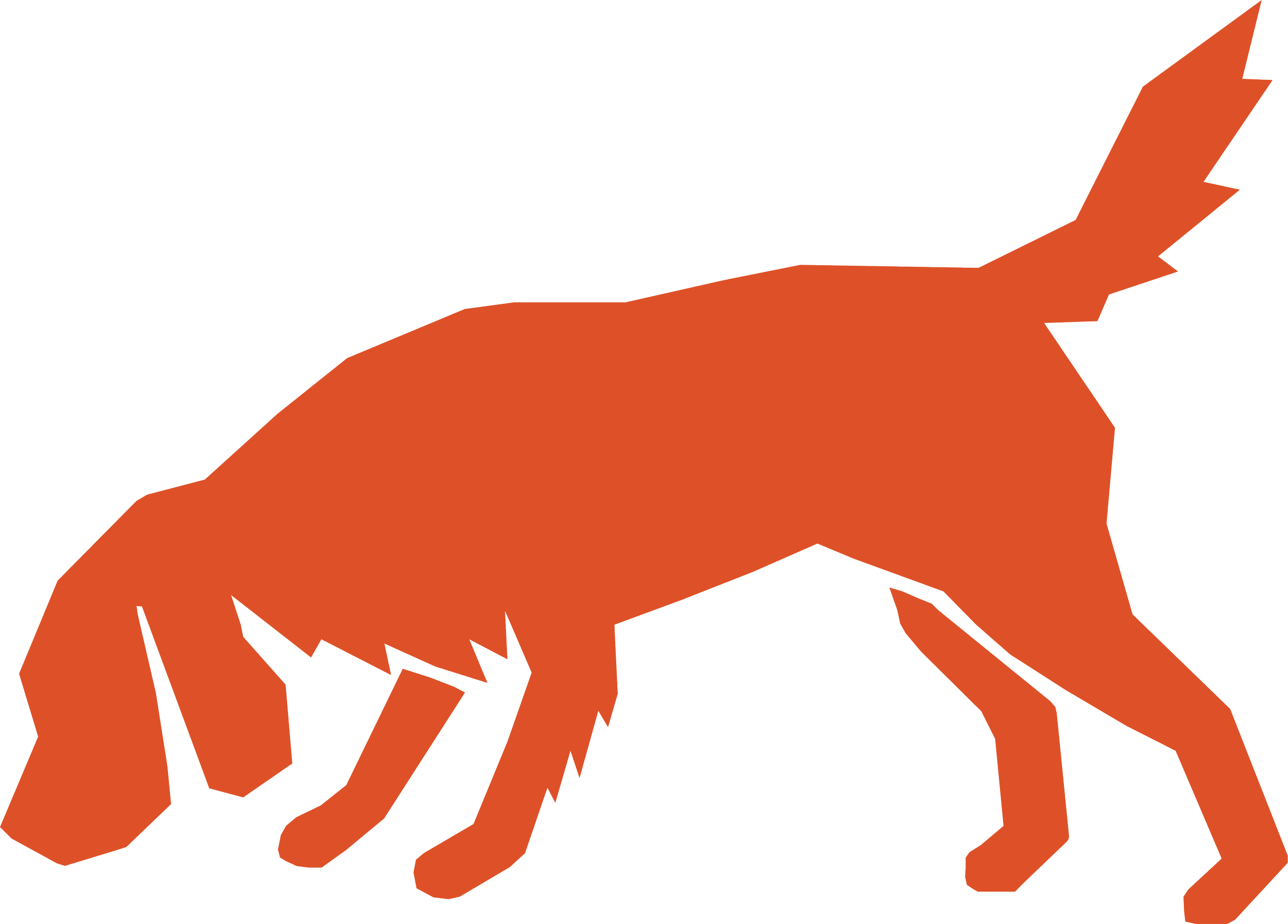 Tomato red silhouette illustration of a dog sniffing the ground in a playful cut-paper style.