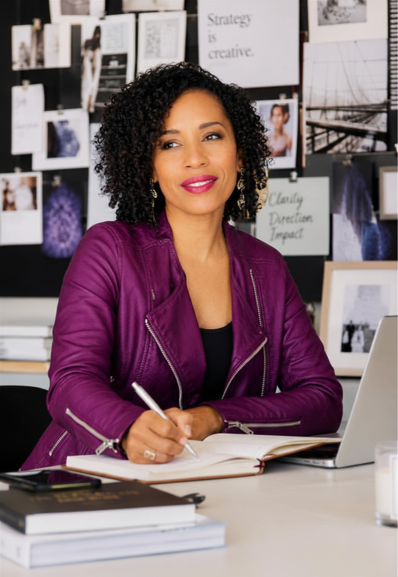 A woman with curly black hair, wearing a purple leather jacket, sitting at a desk with a notebook, pen, books, and a laptop, in front of a wall decorated with photos and quotes.