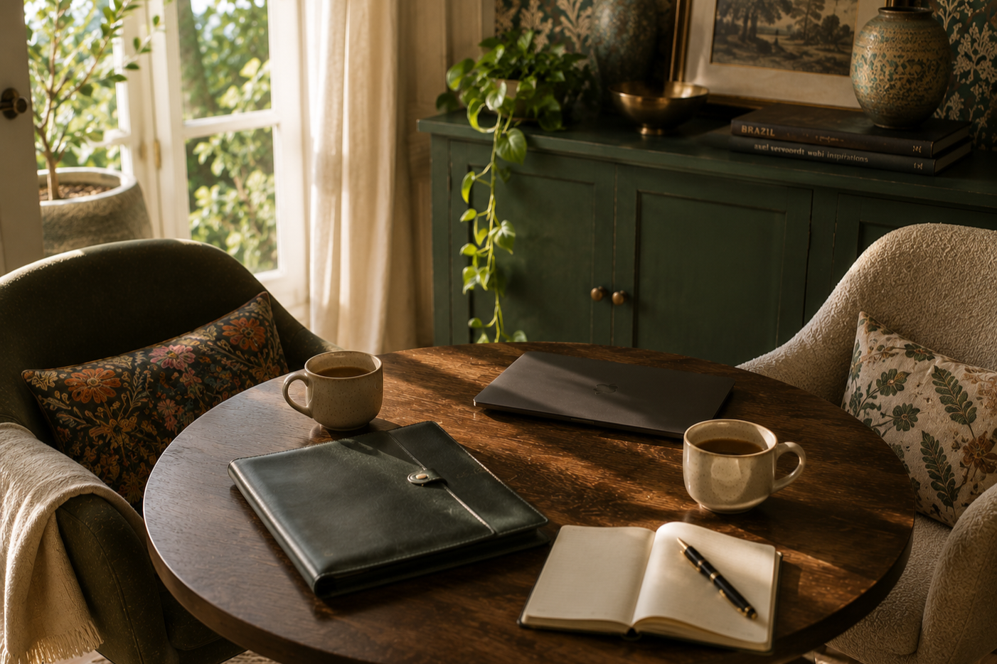 A cozy area with a round wooden table set with two cups of coffee, a black leather planner, an open notebook with a pen, and a laptop. Two upholstered chairs with decorative pillows surround the table, and a green sideboard with books, a potted plant, and decorative items is in the background near a window with cream curtains.