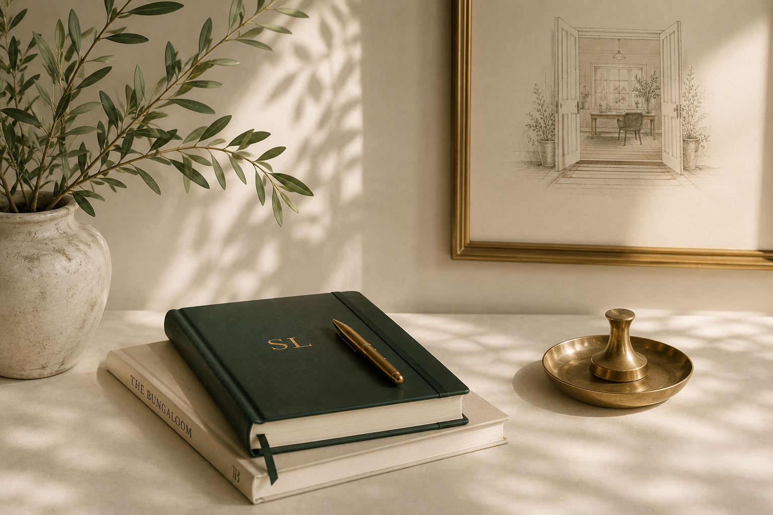 A desk with a potted plant, a closed black notebook with gold initials and a pen on top, and a brass dish with a brass object inside. Behind the desk, a framed sketch of a room with open double doors, a table, chair, and plants.