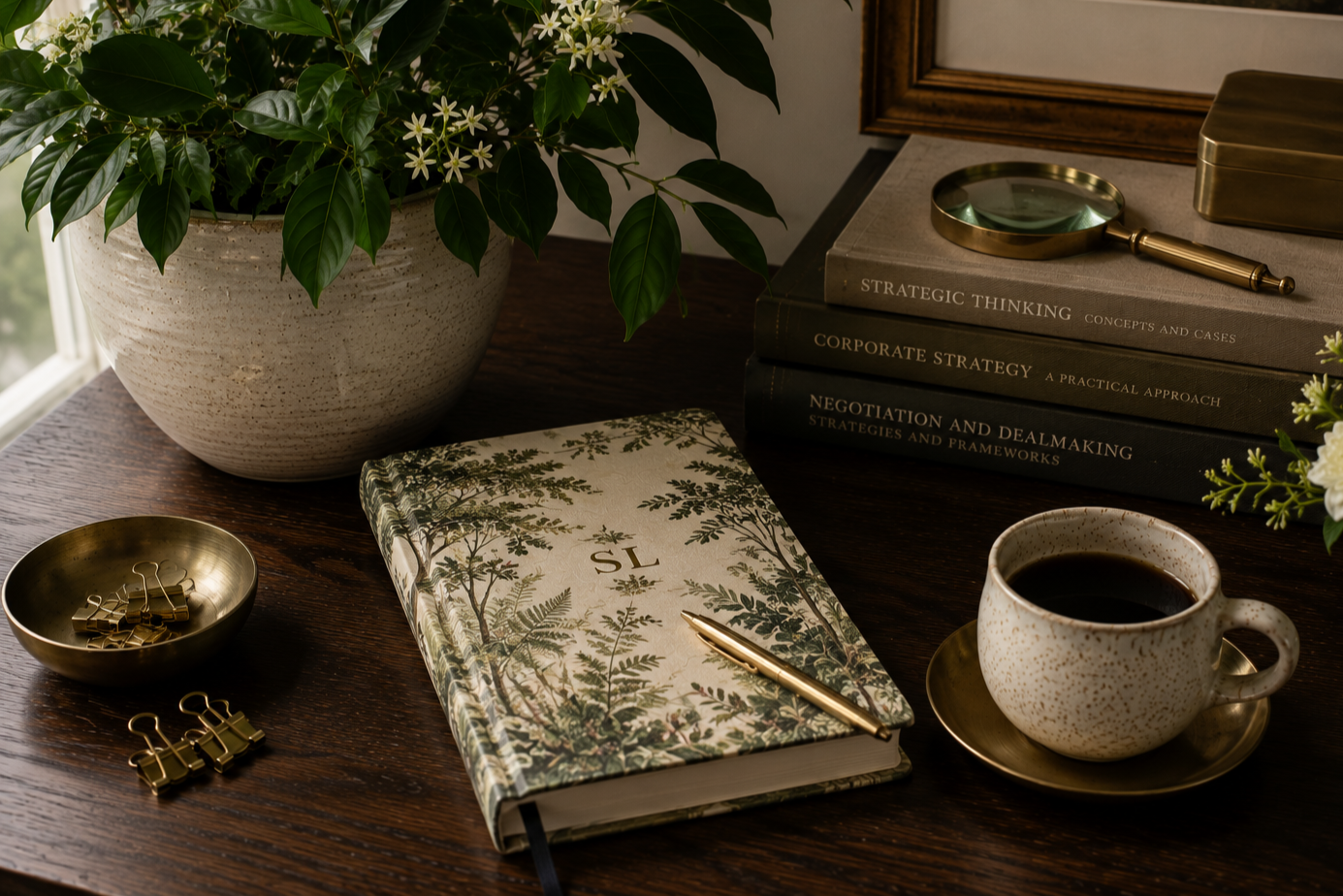 A desk with a potted plant, a notebook with a gold pen, a coffee cup with saucer, a stack of books, and gold paper clips.