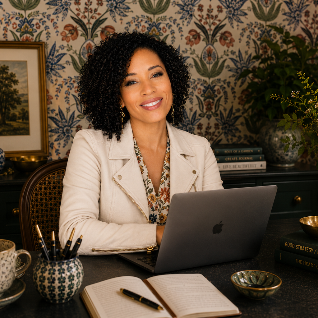 Shai Littlejohn seated at her desk in The Bungaloom which is a room with a vibrant floral wallpaper and rustic ceramic pottery.