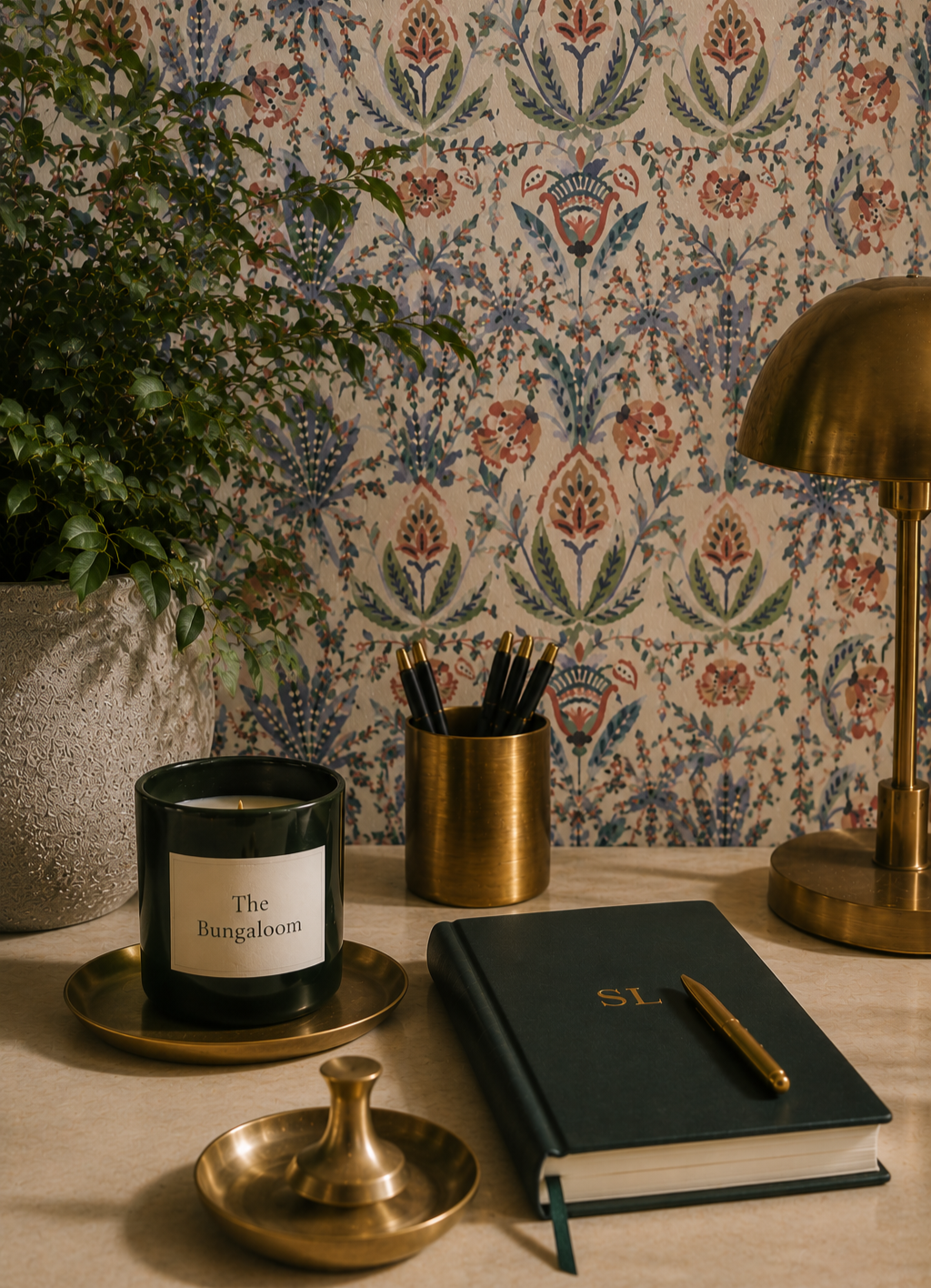 A desk with a large potted plant, a black candle labeled 'The Bungalooom,' a gold pen holder with black pens, a closed black notebook with a gold pen on top, a gold paperweight, and a brass desk lamp, with a decorative floral wallpaper in the background.