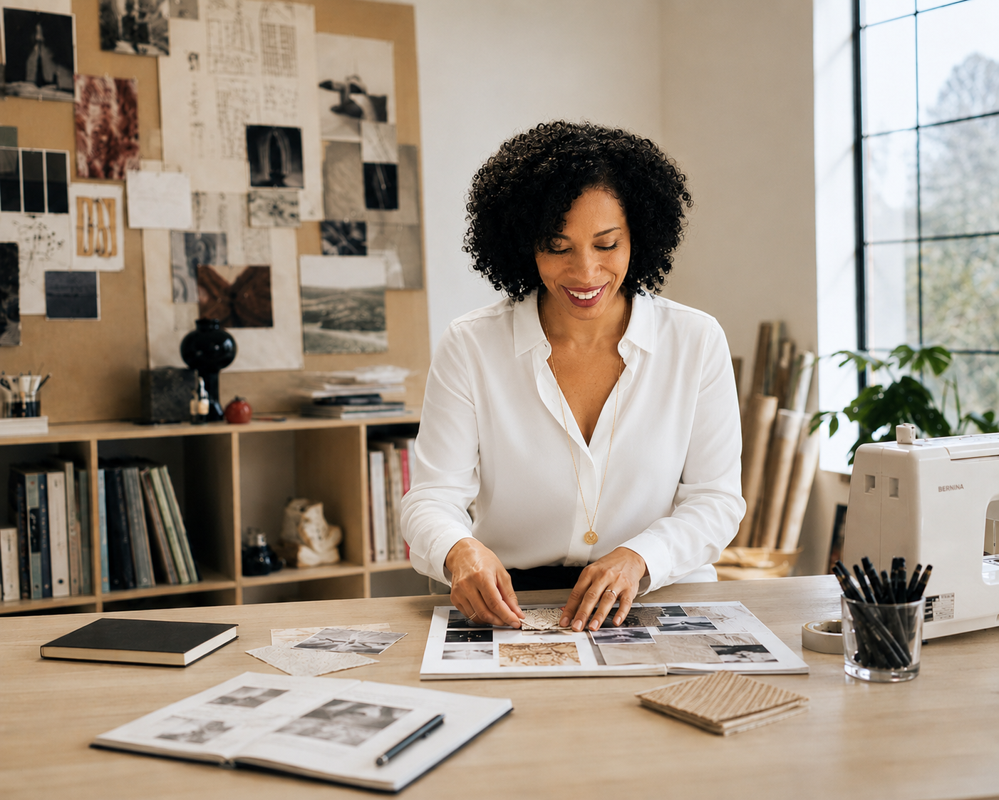 A woman with curly black hair working with photographs and fabric samples at a desk in an art studio.