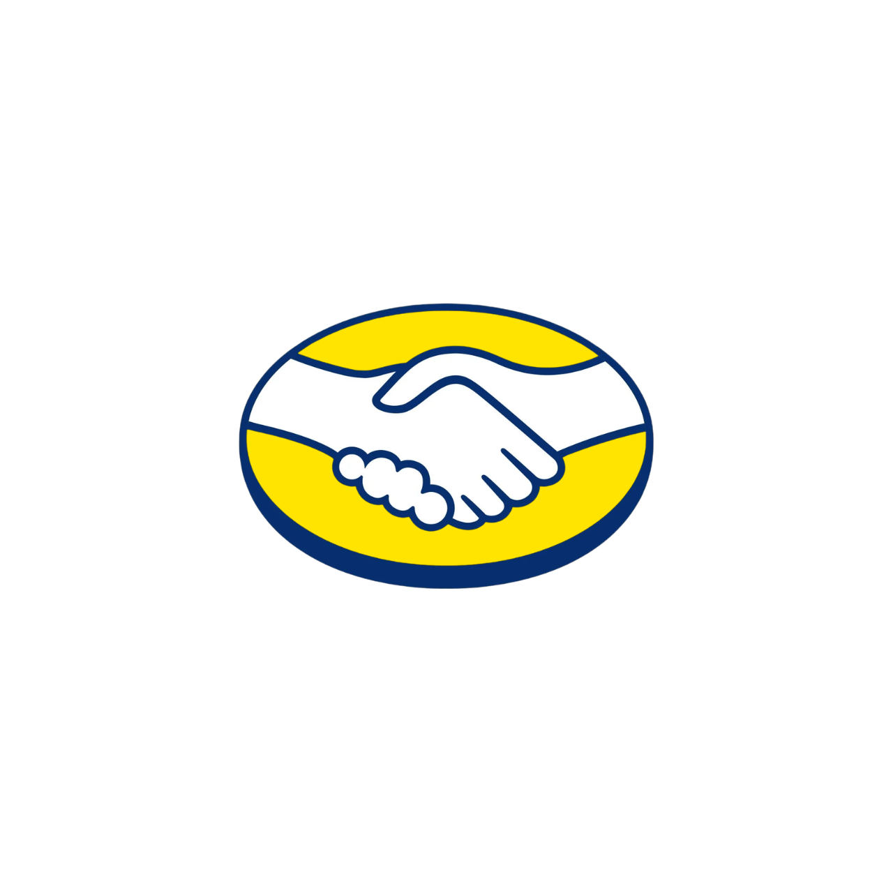 Logotipo con un apretón de manos dentro de un círculo amarillo y borde azul