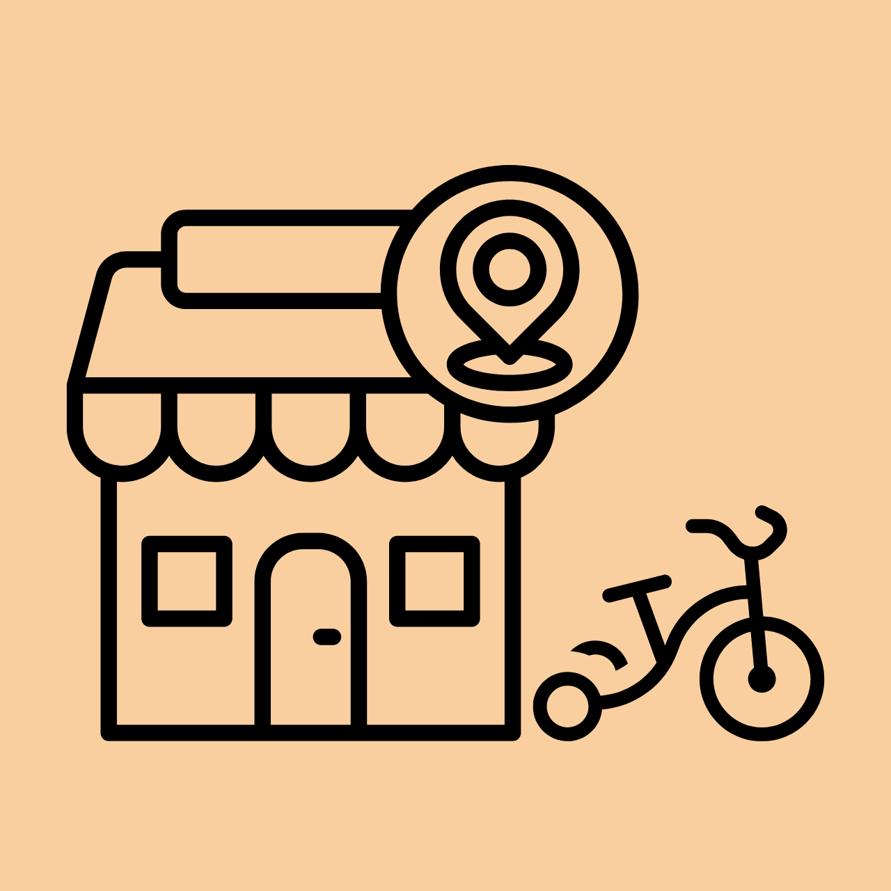 Ilustración de una tienda con un símbolo de ubicación y una bicicleta a su lado.