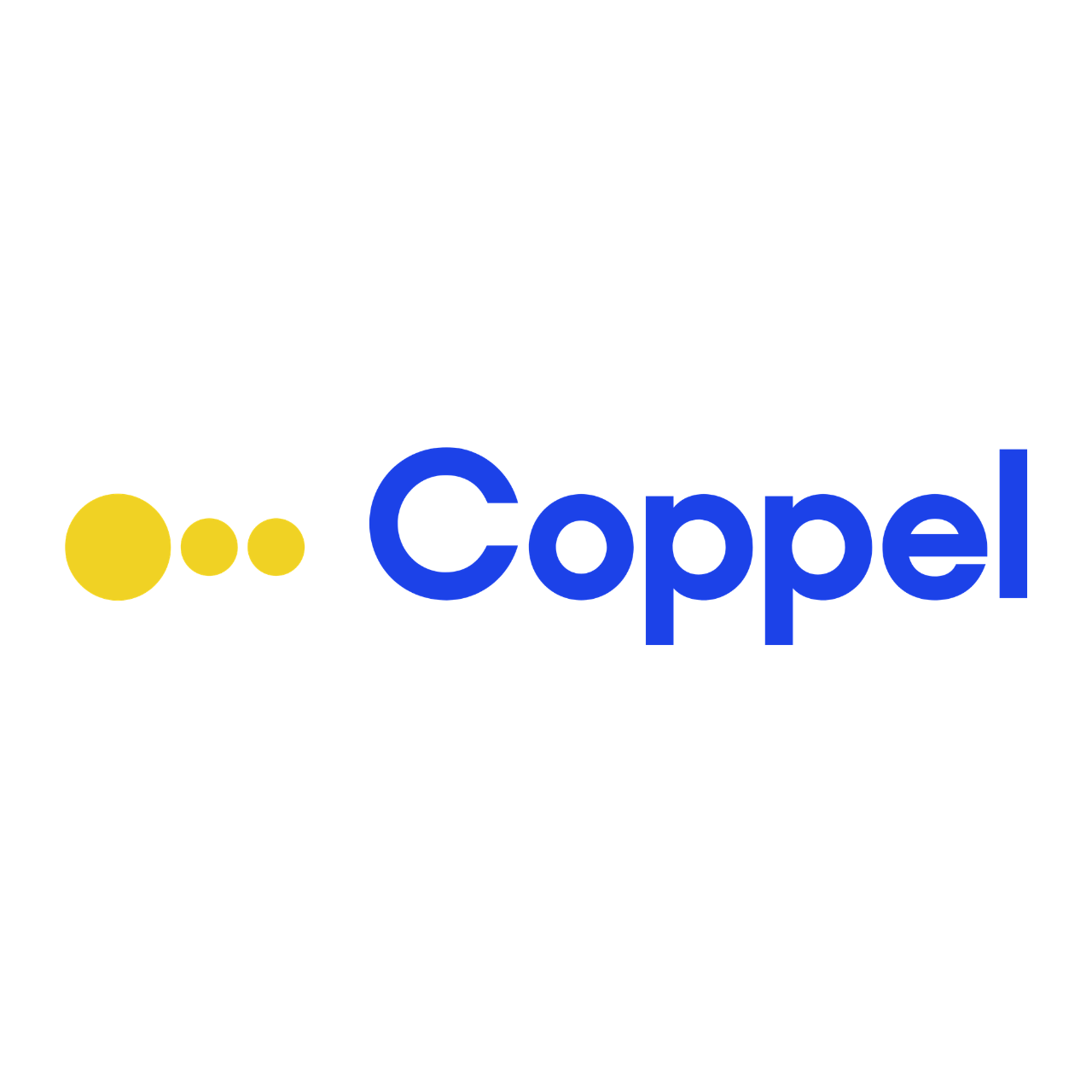 Logo con círculos amarillos y texto en azul que dice 'Coppel'.