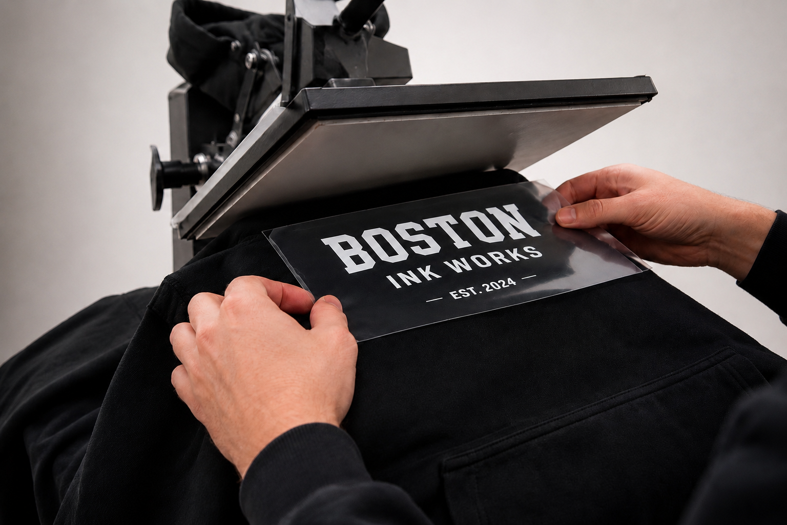 Person applies a decal label reading 'BOSTON INK WORKS EST. 2024' onto a fabric surface using a heat press.