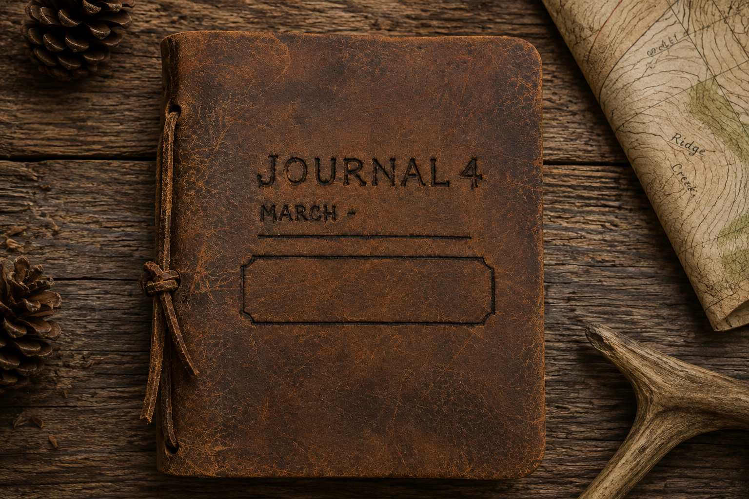 Weathered leather field journal from Journeys Of The Crew with "Journal 4" and "March" burned into the cover above a blank title space. Resting on rustic wooden boards, it represents a journey that has yet to earn its name.