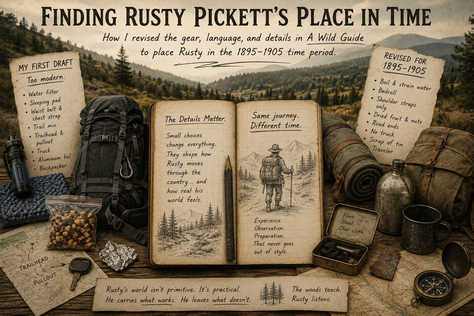 Promotional graphic for the Journeys Of The Crew blog "Finding Rusty Pickett's Place in Time," showing modern and period-inspired outdoor gear beside an open field journal. The image represents building an authentic historical setting.