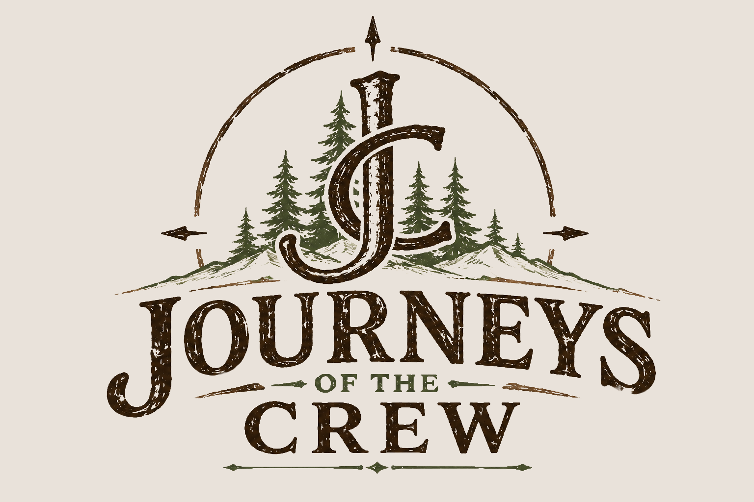 Journeys Of The Crew logo with a weathered JC monogram, pine forest, and compass, representing outdoor adventure and exploration.