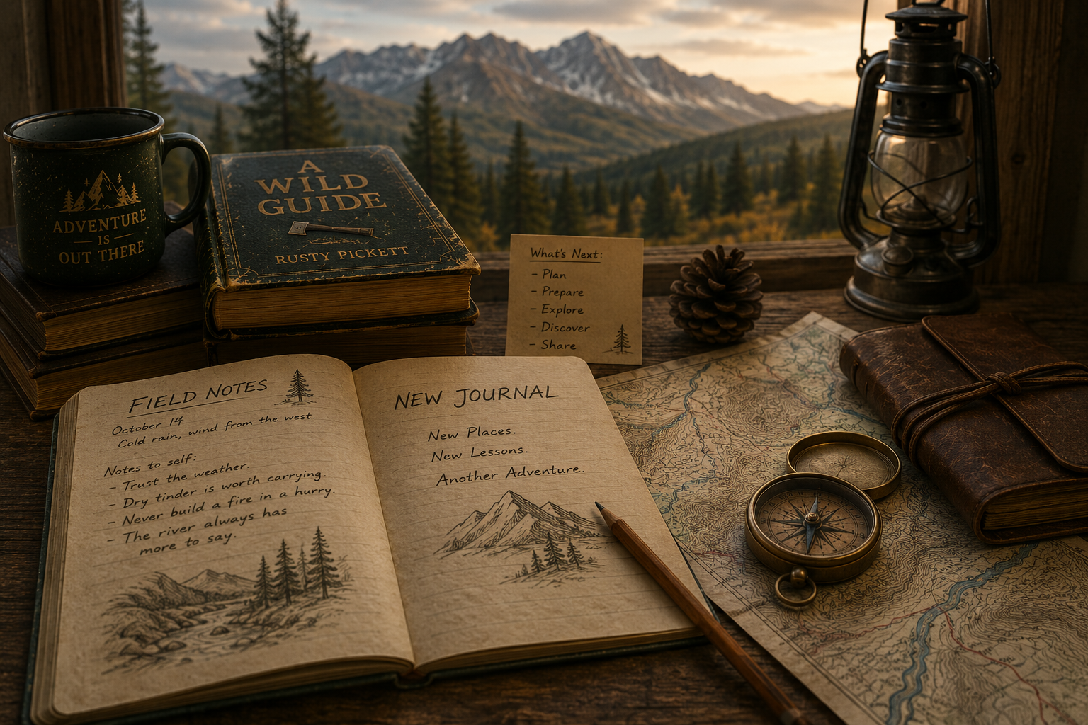 A warmly lit writing desk overlooks a mountain valley at sunset. An open field journal rests on a map beside a compass, pencil, and weathered copy of A Wild Guide by Rusty Pickett, symbolizing the planning of a new wilderness adventure.