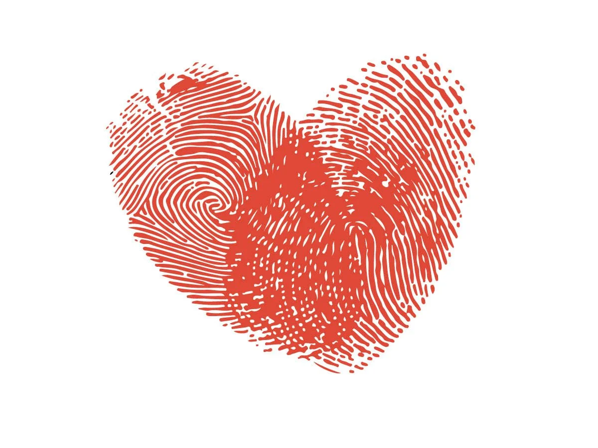 Red fingerprint in the shape of a heart on a white background