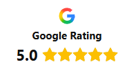 Google Rating badge showing a 5.0 rating with five gold stars