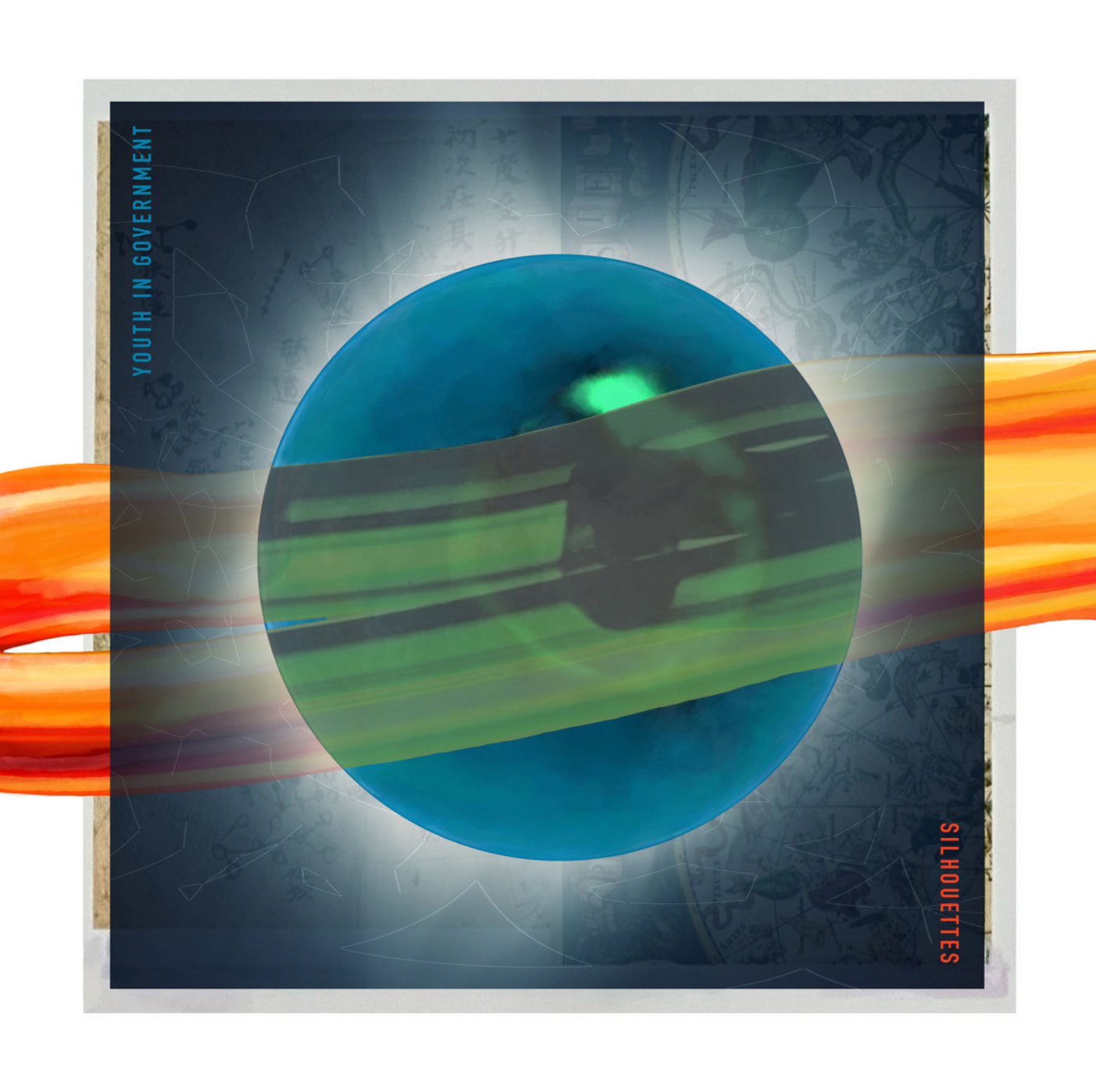Abstract artwork with a blue globe in the center, a green streak across it, orange and yellow streaks on the sides, and text labels reading 'YOUTH IN GOVERNMENT' on the left and 'SILHOUETTES' on the right.