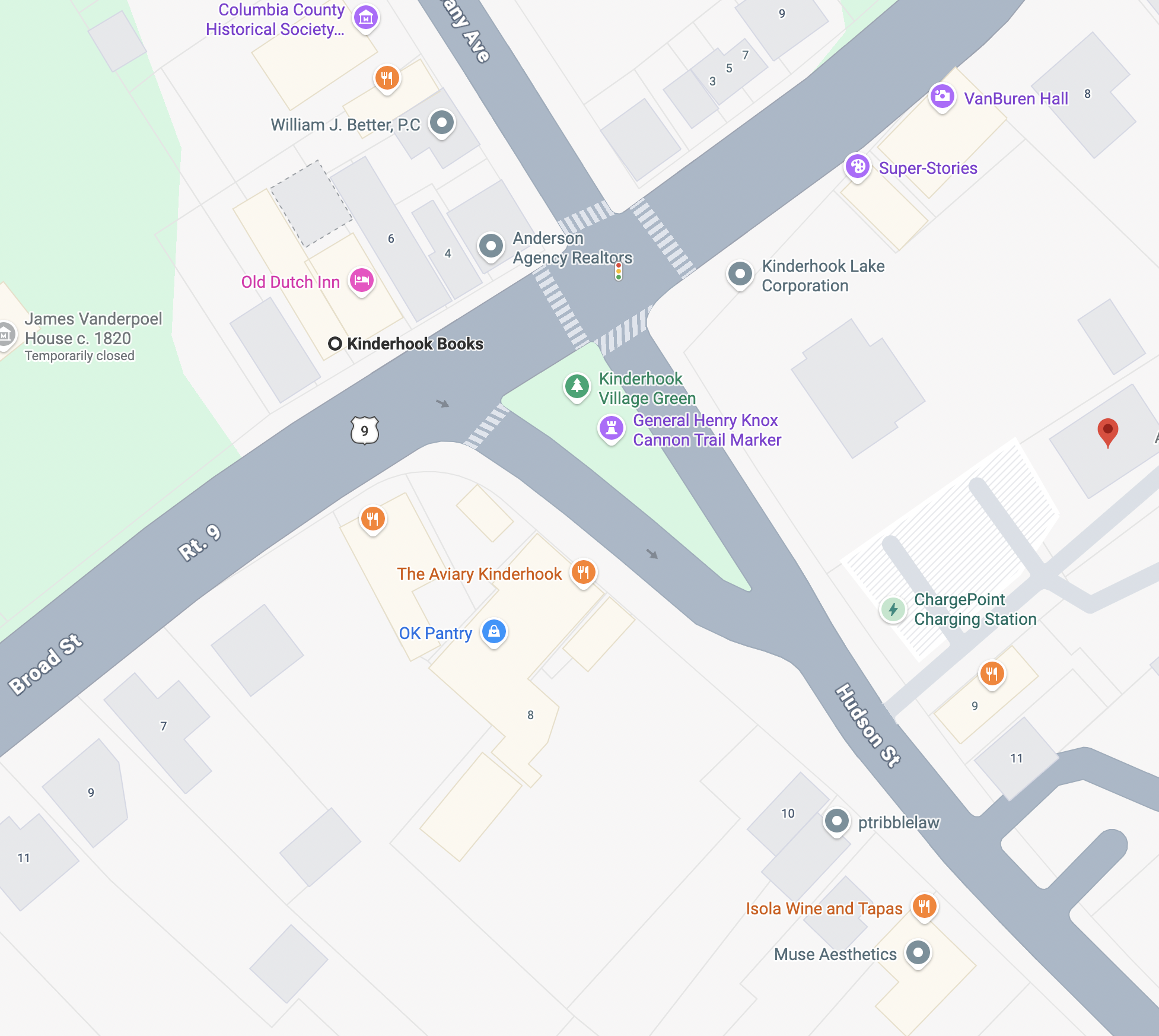 Map of Columbia County showing streets, buildings, and landmarks including Old Dutch Inn, Kinderhook Books, Ohio Pantry, Isola Wine and Tapas, VanBuren Hall, Super-Stories, Kinderhook Lake Corporation, ChargePoint Charging Station, and general area labels.