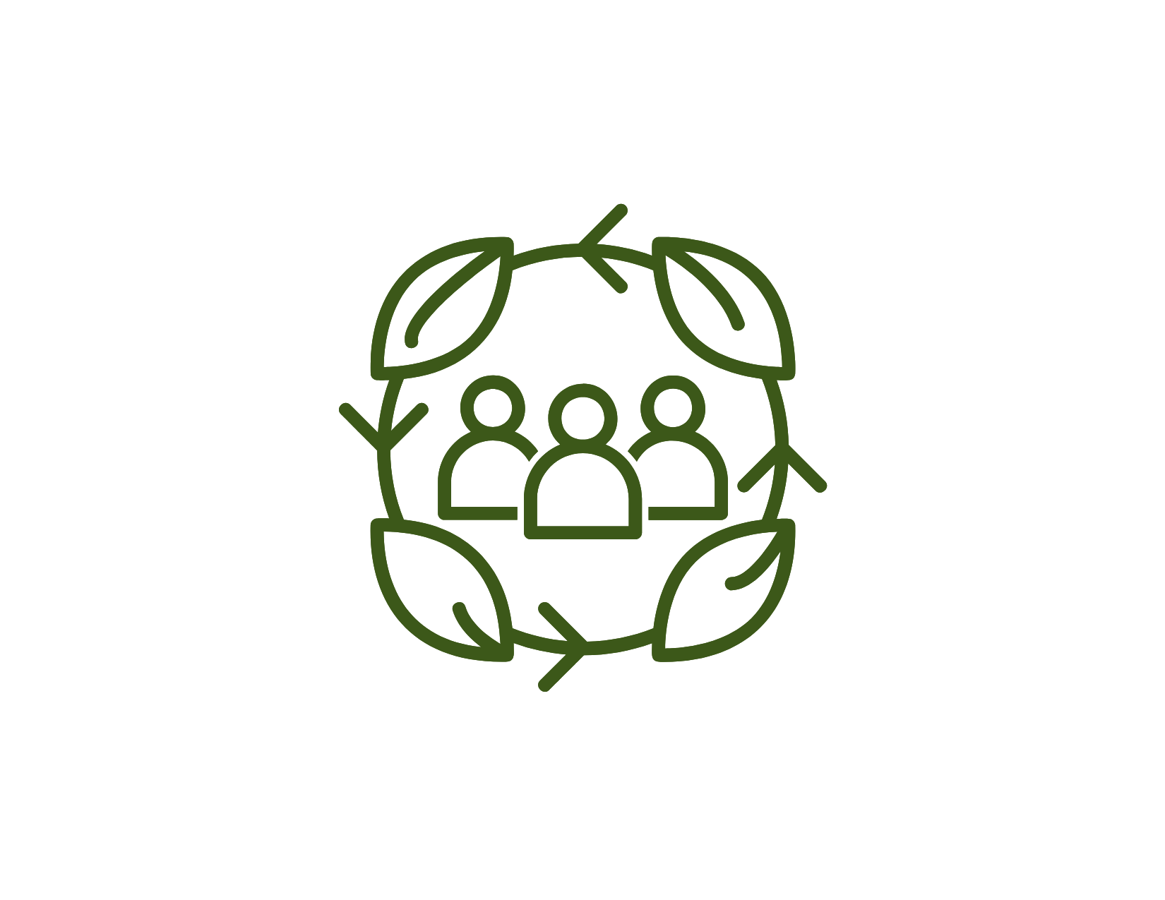 Icon of three people surrounded by leaves, representing community or environmental sustainability.
