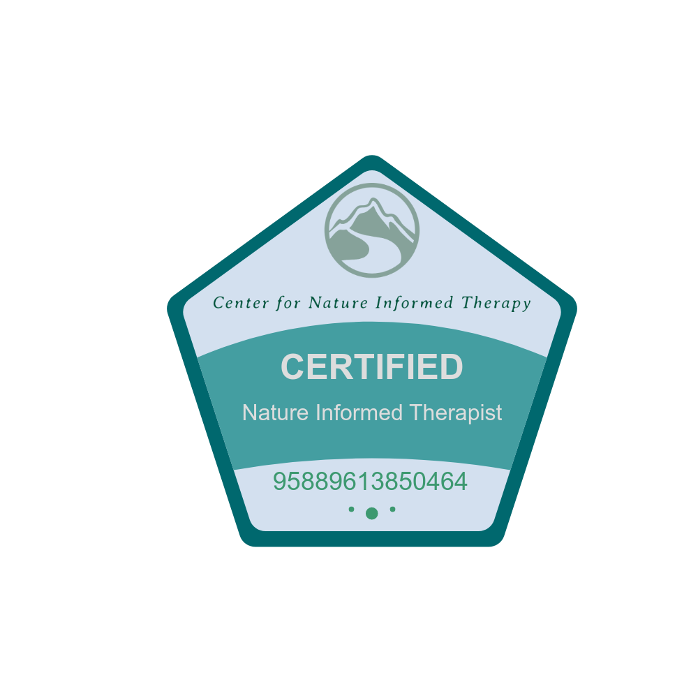 Certification badge for a Nature Informed Therapist from the Center for Nature Informed Therapy, featuring a mountain and river logo and a certification number.