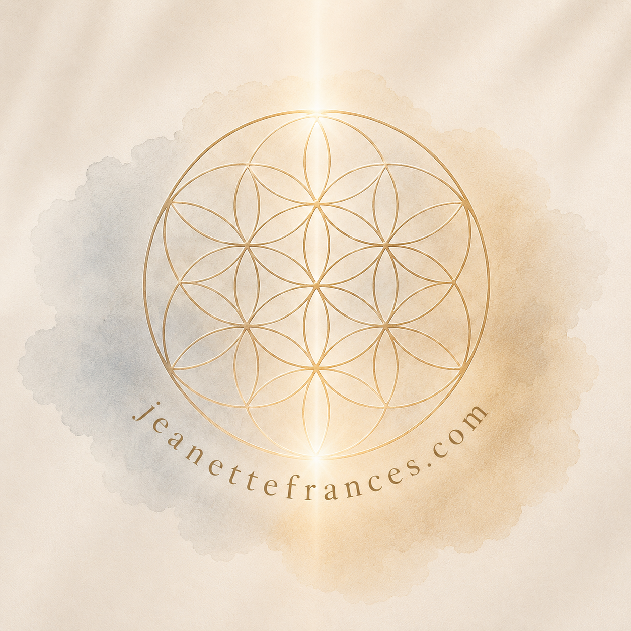 Logo featuring a golden geometric flower of life pattern with a radiant vertical line at the top and bottom, and the website 'jeanettefrances.com' arched below.