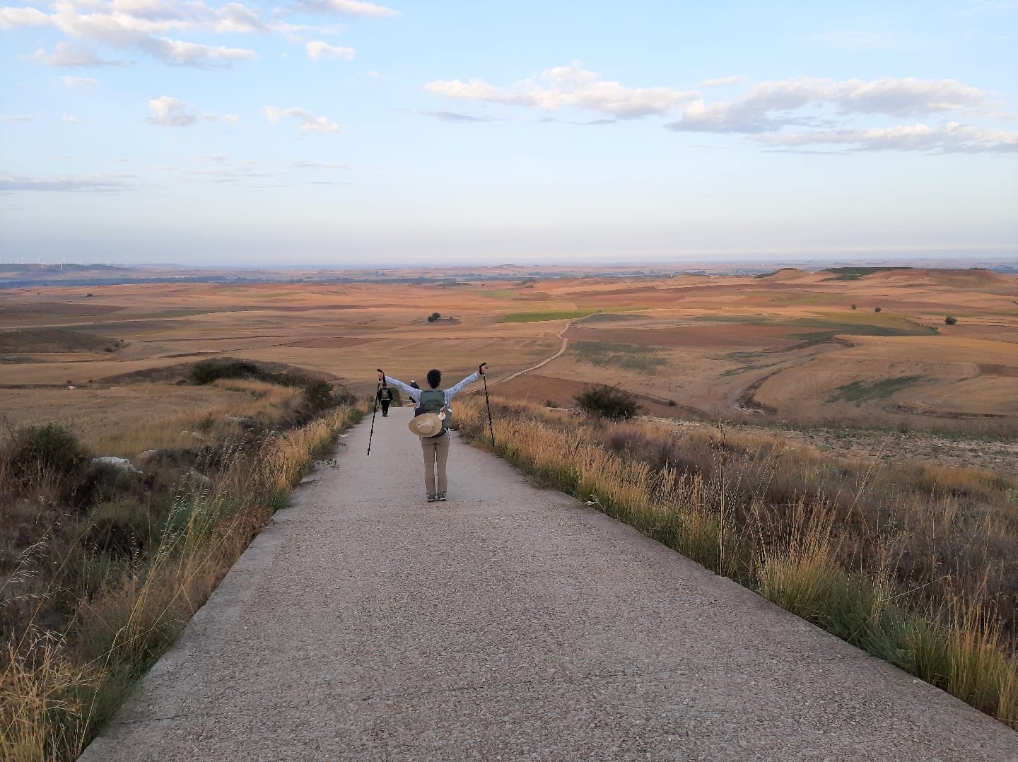 Walking the Camino Frances  -  a vast open plain with rolling hills under a partly cloudy sky.