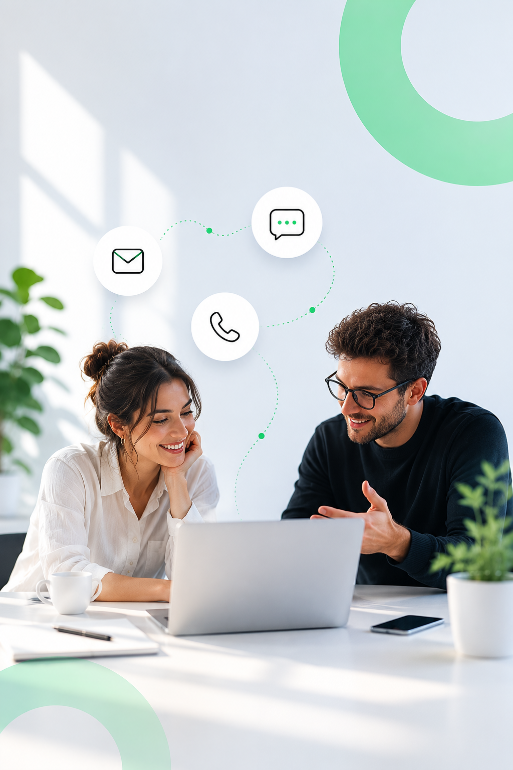 Two people, a woman and a man, smiling and working together on a laptop in an office with green plants and icons for email, messaging, and phone above them.