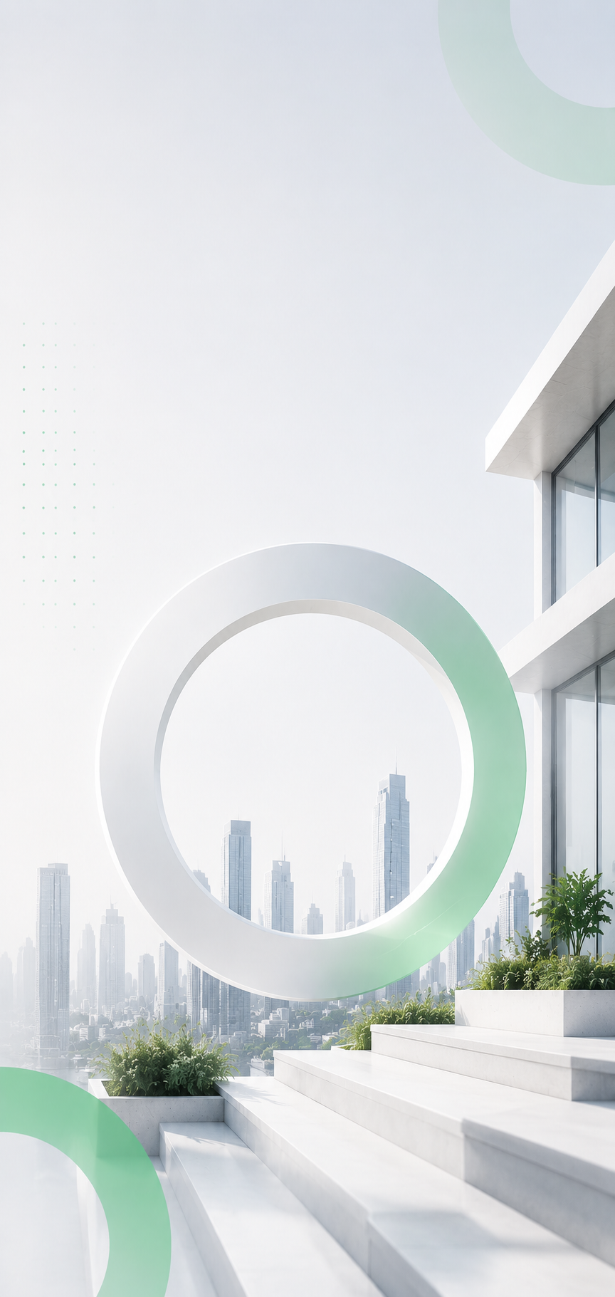 Modern building balcony with circular architectural feature, overlooking a city skyline with tall skyscrapers, featuring glass railings, steps, and potted plants.