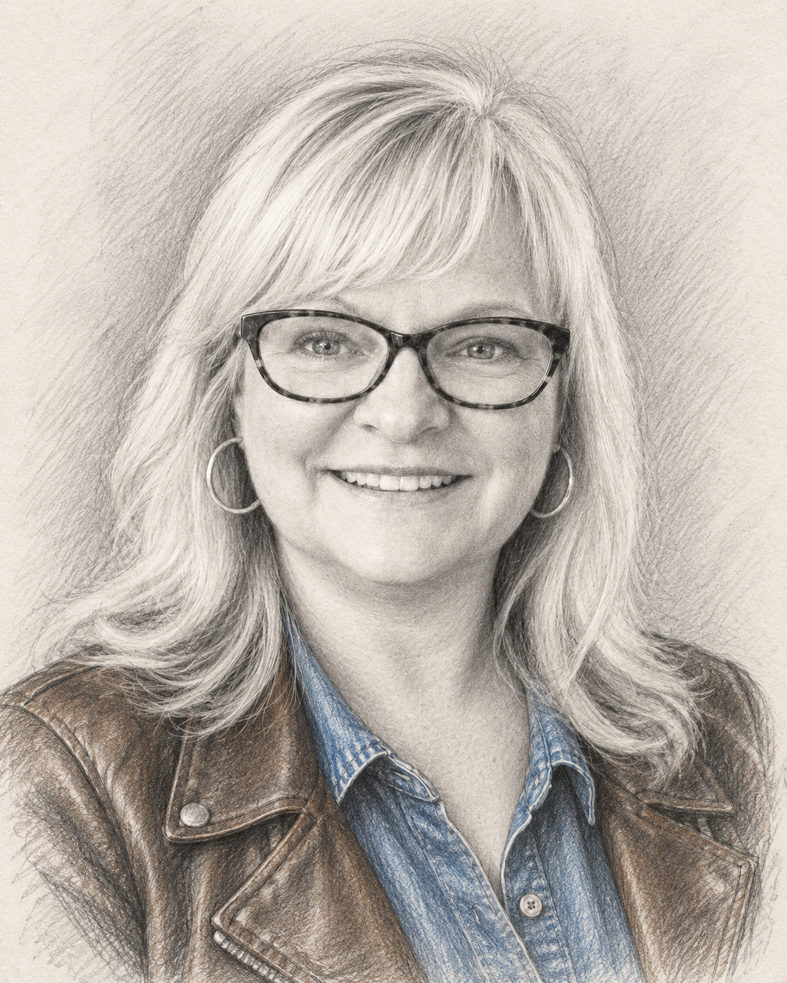Black and white sketch of a smiling woman with glasses, hoop earrings, shoulder-length hair, wearing a denim shirt and a leather jacket.