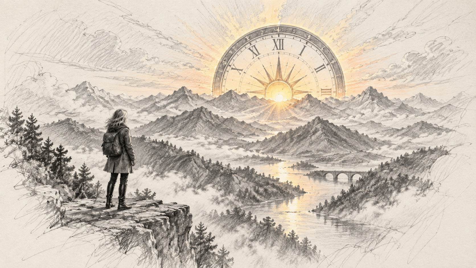 A woman with a backpack standing on a rocky ledge overlooking mountains, a river, and a bridge, with a sunrise and a large clock face in the sky.