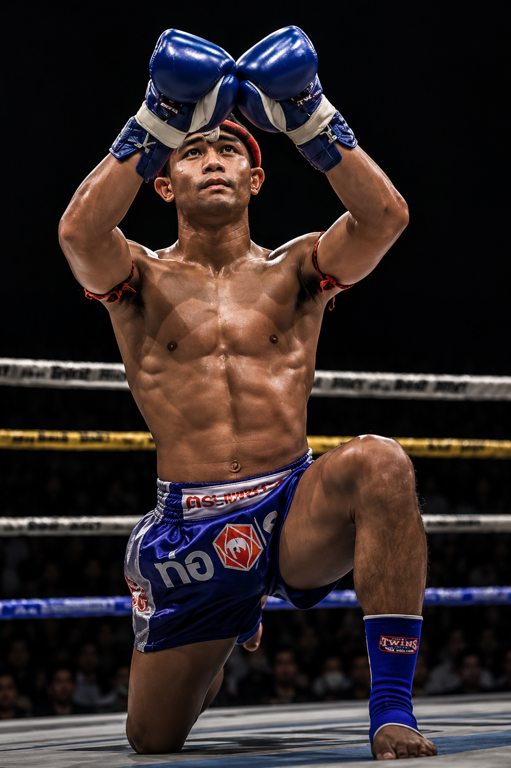 A male Muay Thai fighter in traditional shorts and gloves, kneeling on one knee in a boxing ring, with a focused expression during a match.