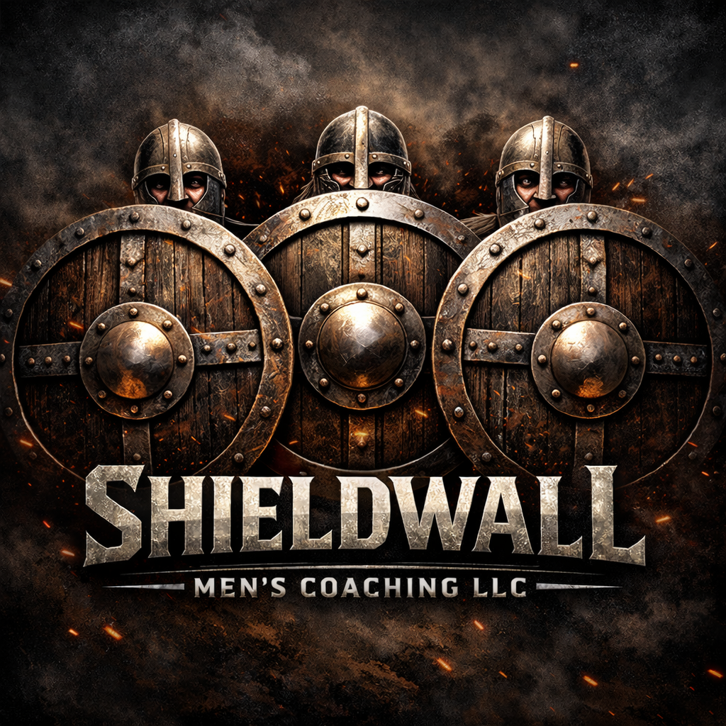 Three men in medieval armor and helmets holding large wooden shields with metal reinforcements, standing in a smoky, fiery background with sparks. Text overlay reads 'SHIELDWALL MEN'S COACHING LLC'.