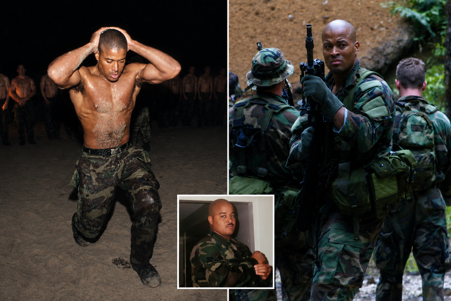 A composite image of three photos. The largest photo shows a shirtless man in camouflage pants pulling on his head in a dark setting with a group of men in similar camouflage in the background. The second photo shows a man in camouflage military uniform holding a firearm in a forest. The third, smaller photo shows a man in camouflage shirt standing at a door, holding a black object, looking at the camera.